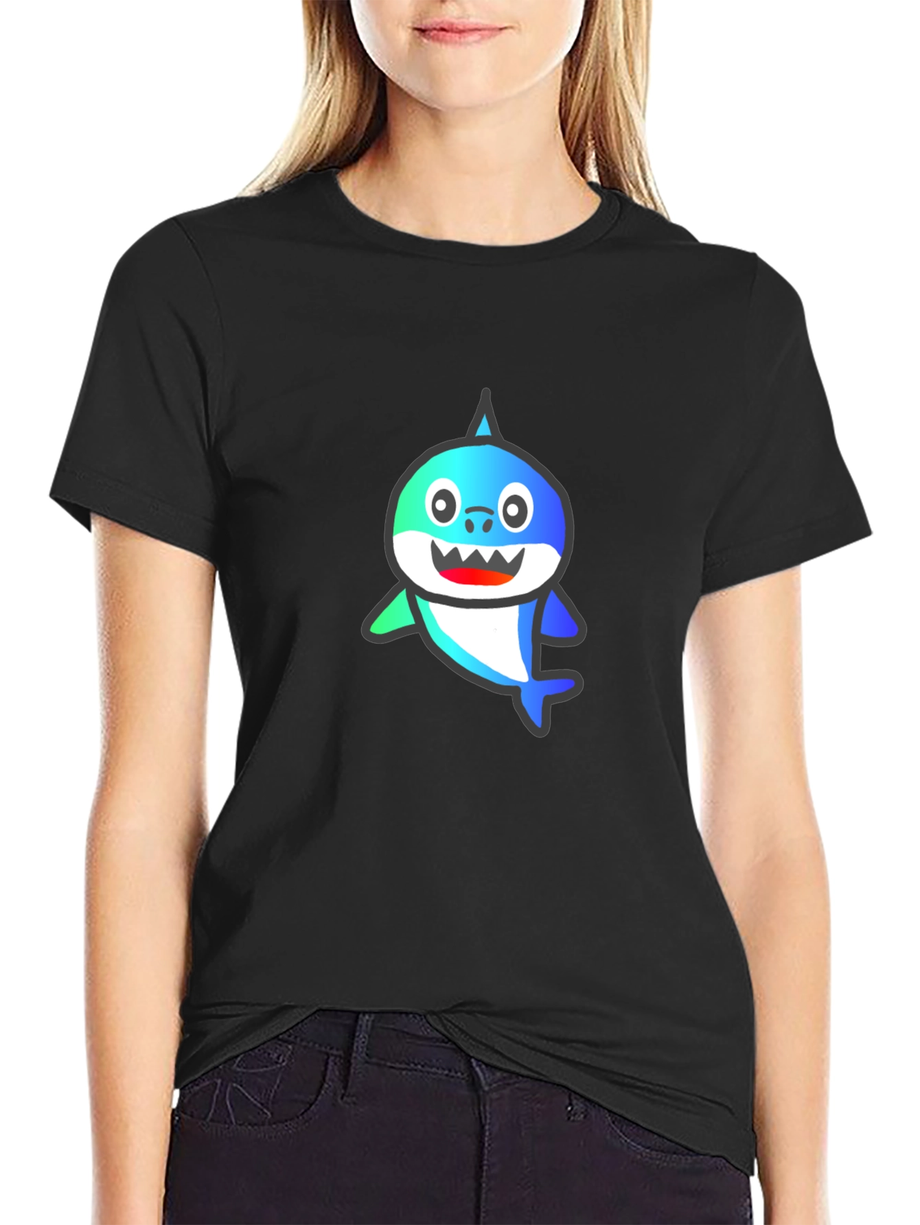 Shark Cartoon Graphic Black T-Shirt