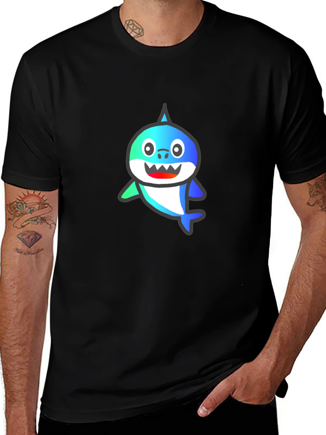 Shark Cartoon Graphic Black T-Shirt