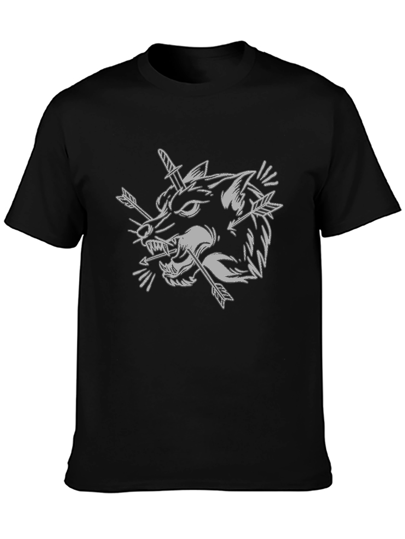 Wolf Head Dagger Arrow Graphic Black T-Shirt