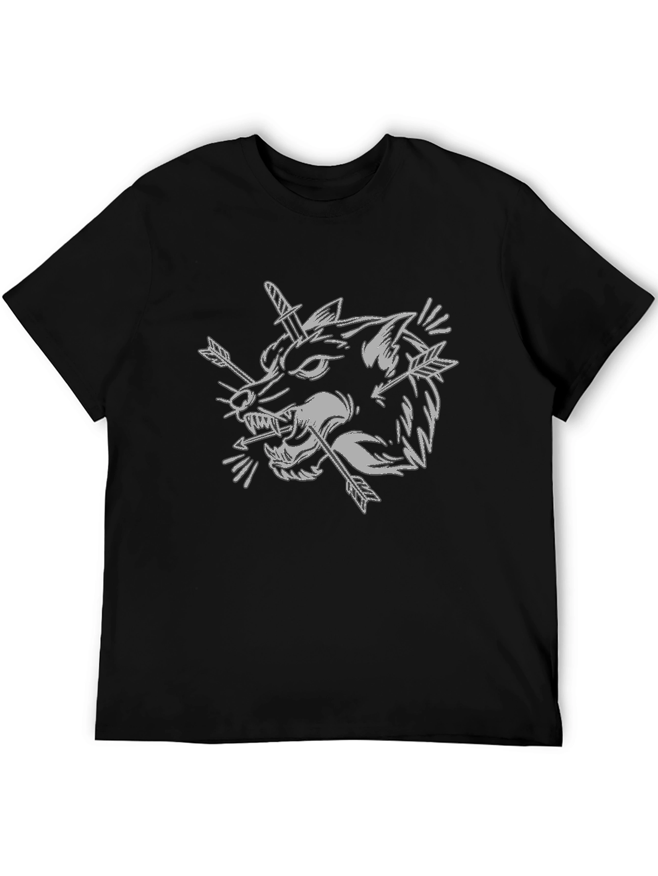 Wolf Head Dagger Arrow Graphic Black T-Shirt