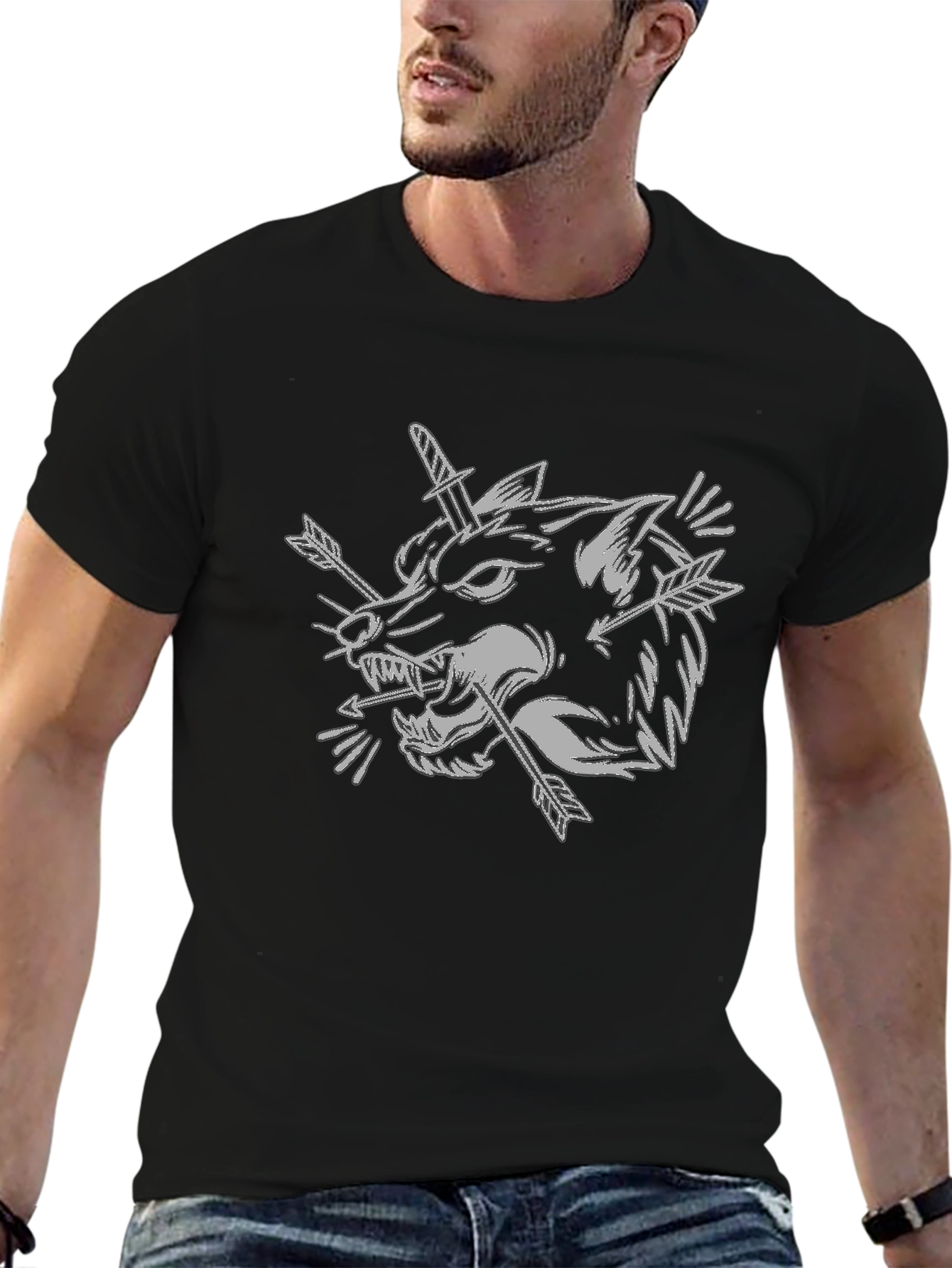 Wolf Head Dagger Arrow Graphic Black T-Shirt