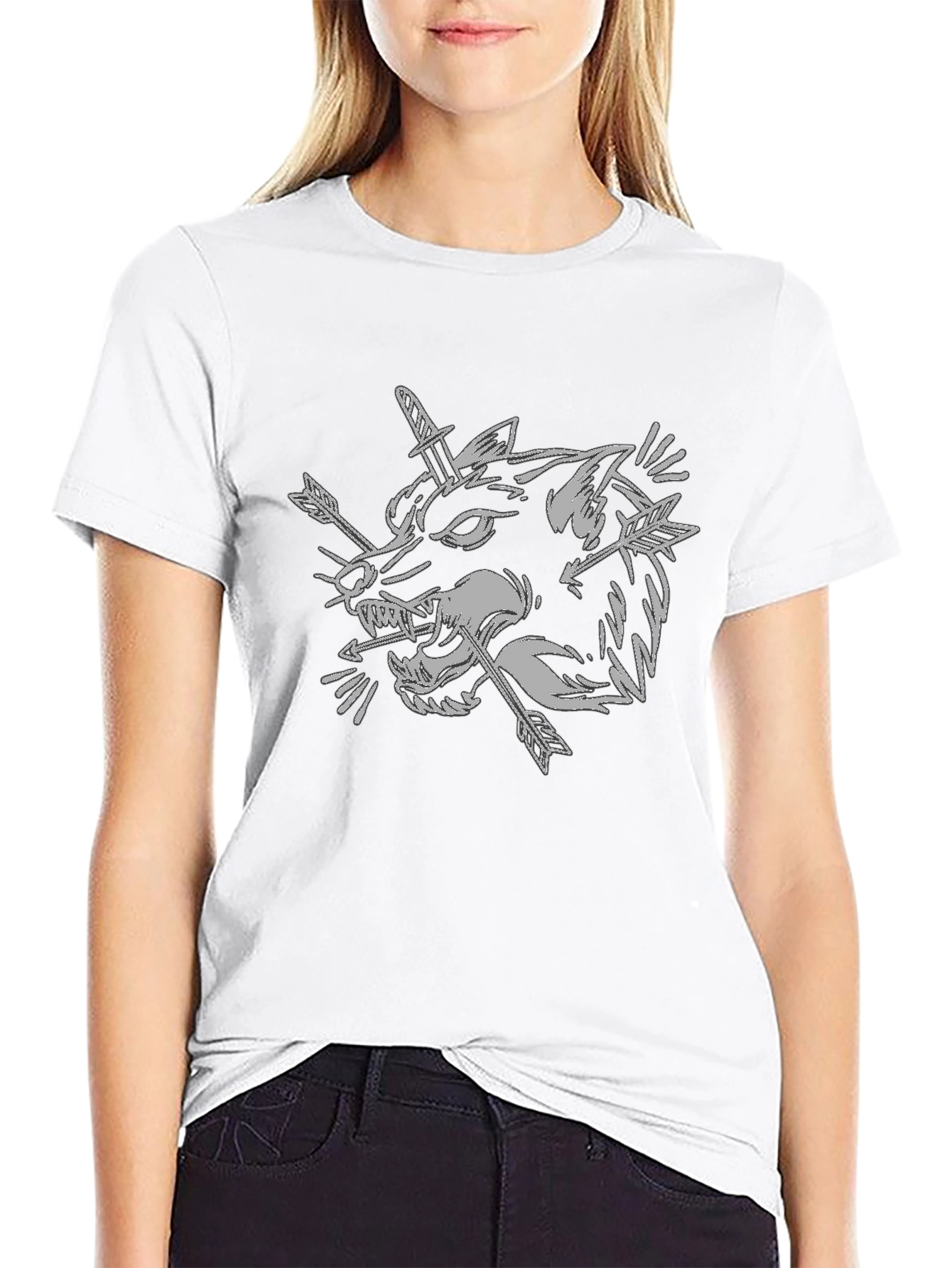 Wolf Head Dagger Arrow Graphic Black T-Shirt