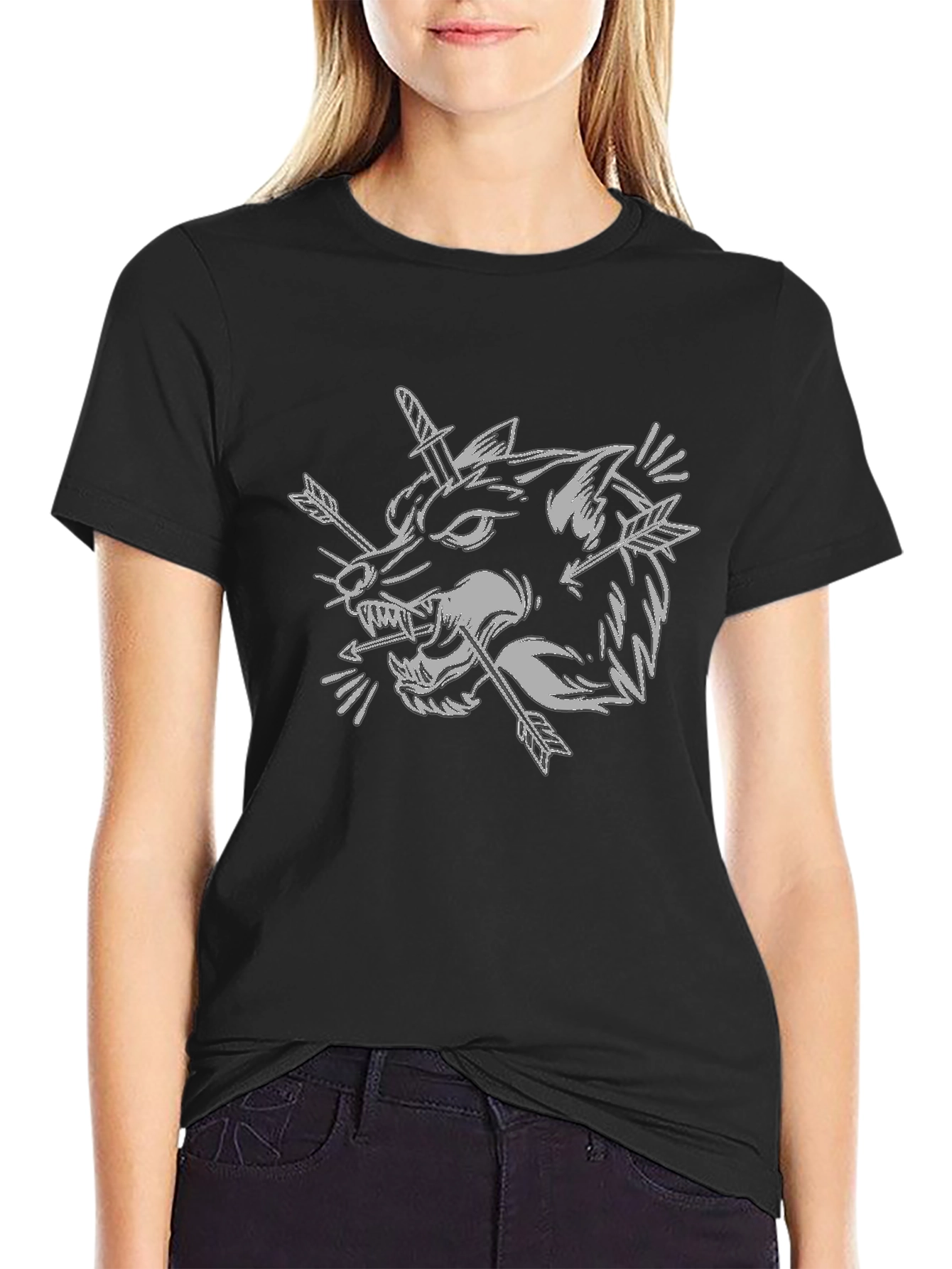 Wolf Head Dagger Arrow Graphic Black T-Shirt