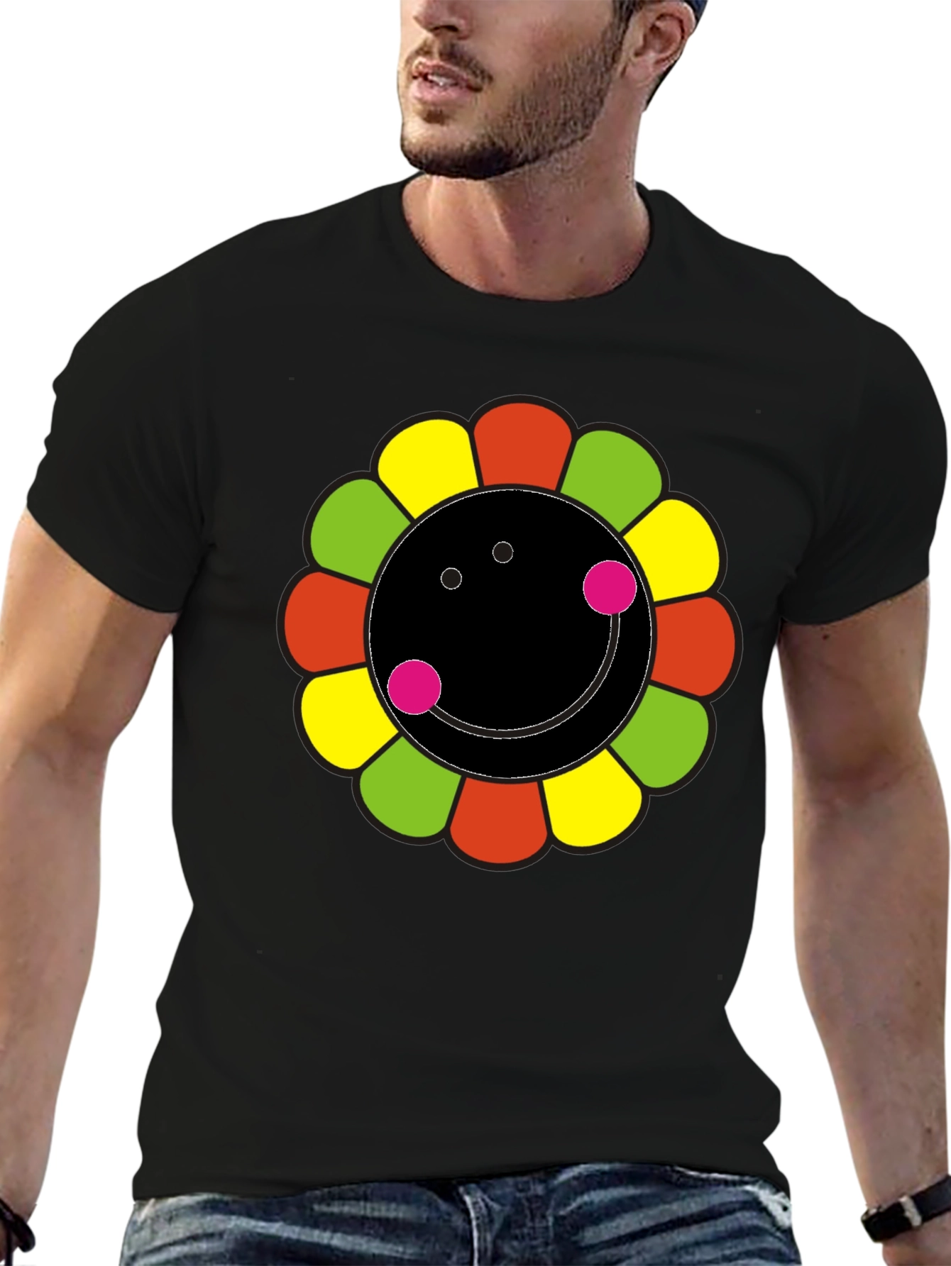 Funky Flower Smiley Black T-Shirt