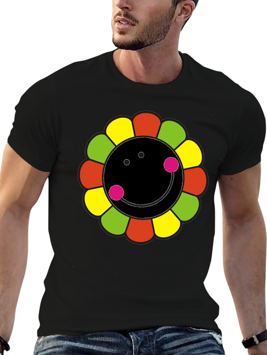 Funky Flower Smiley Black T-Shirt