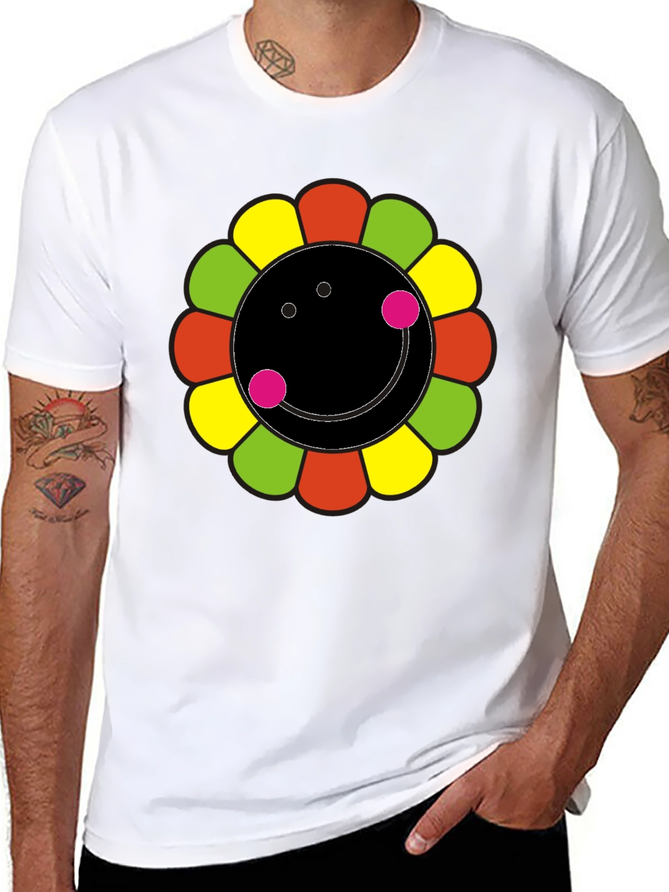 Funky Flower Smiley Black T-Shirt