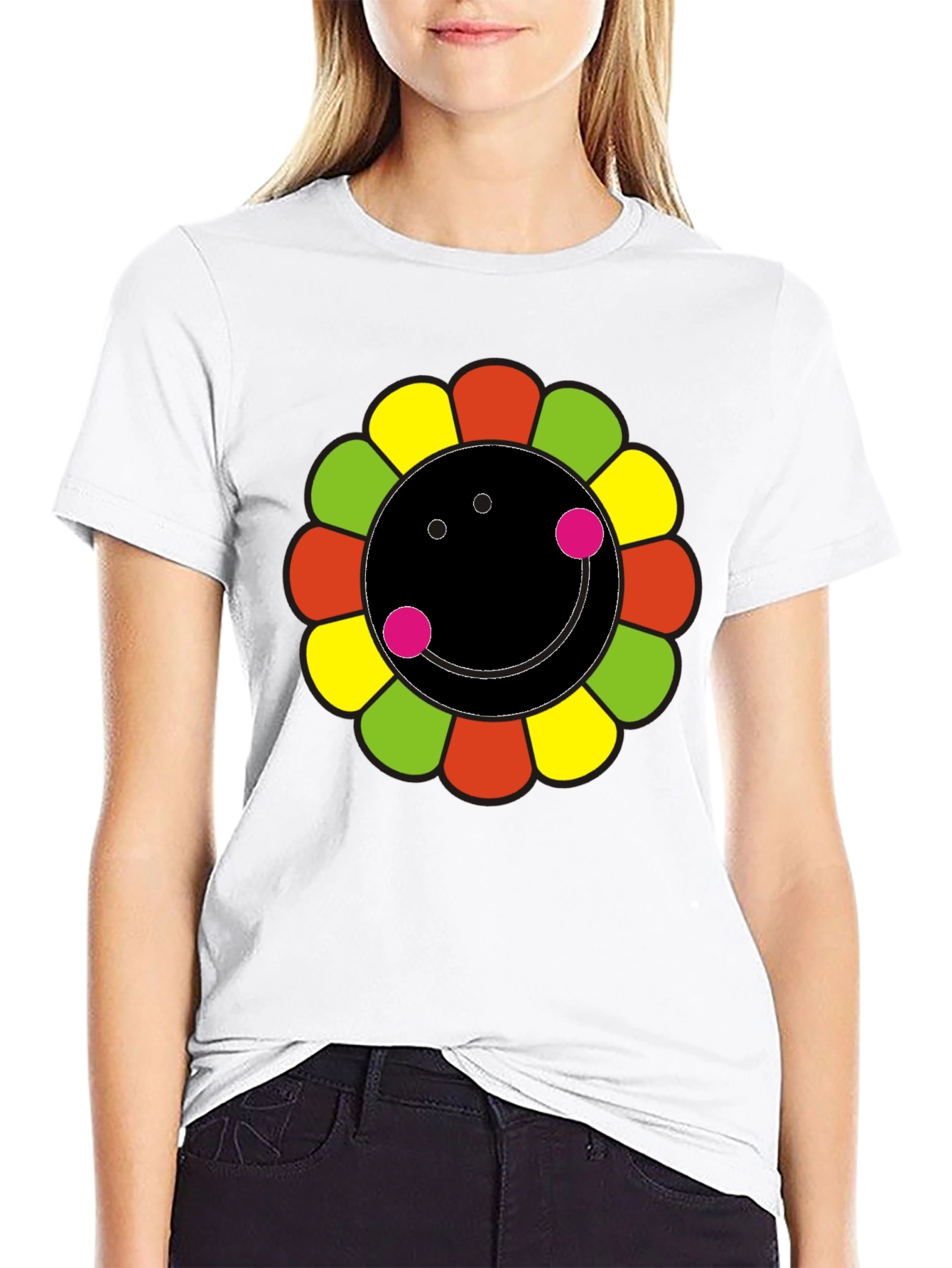 Funky Flower Smiley Black T-Shirt