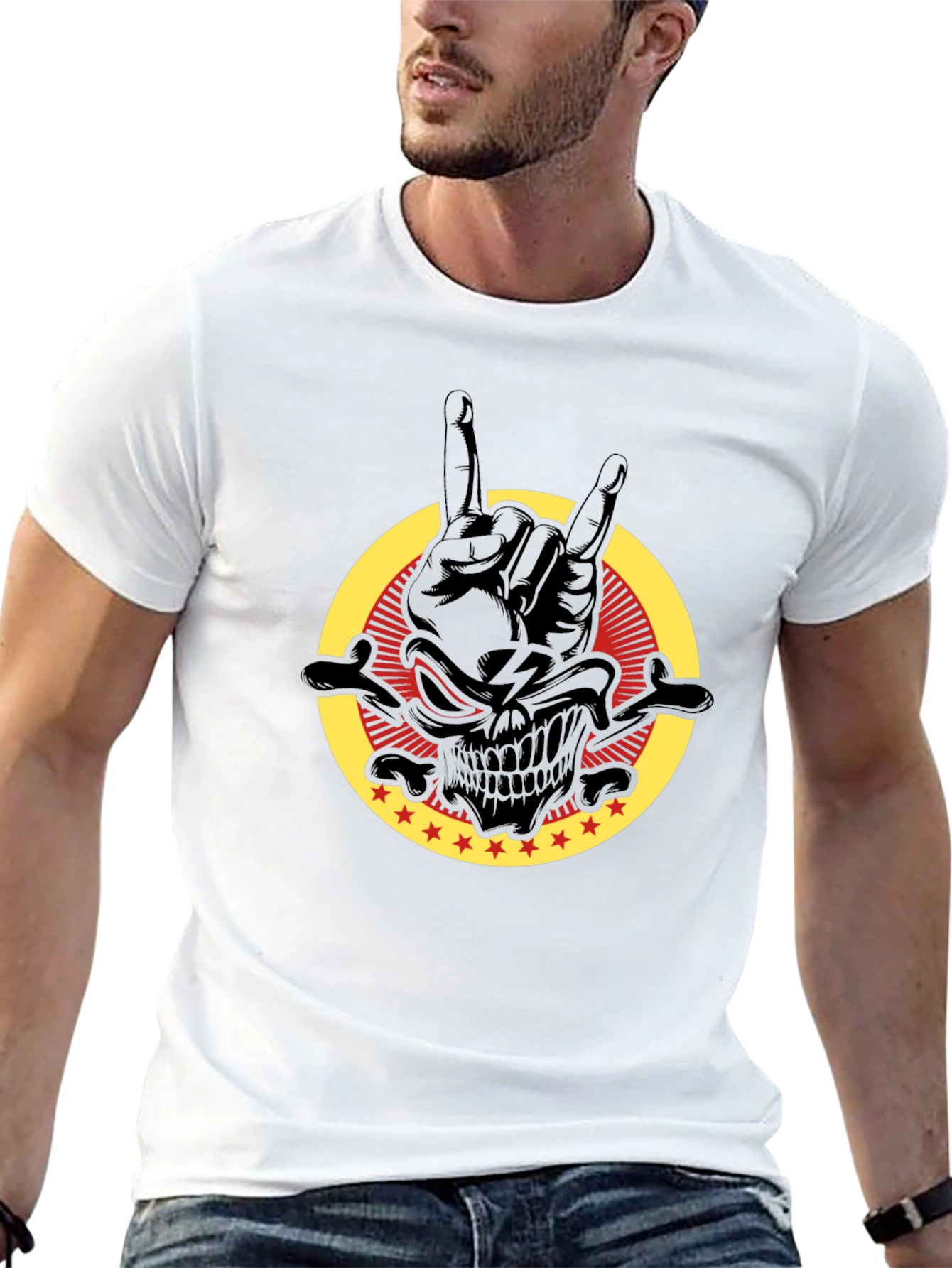 Rock On Skull Graphic Tee - Black Cotton T-Shirt