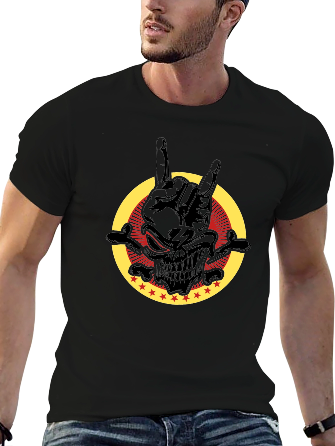 Rock On Skull Graphic Tee - Black Cotton T-Shirt