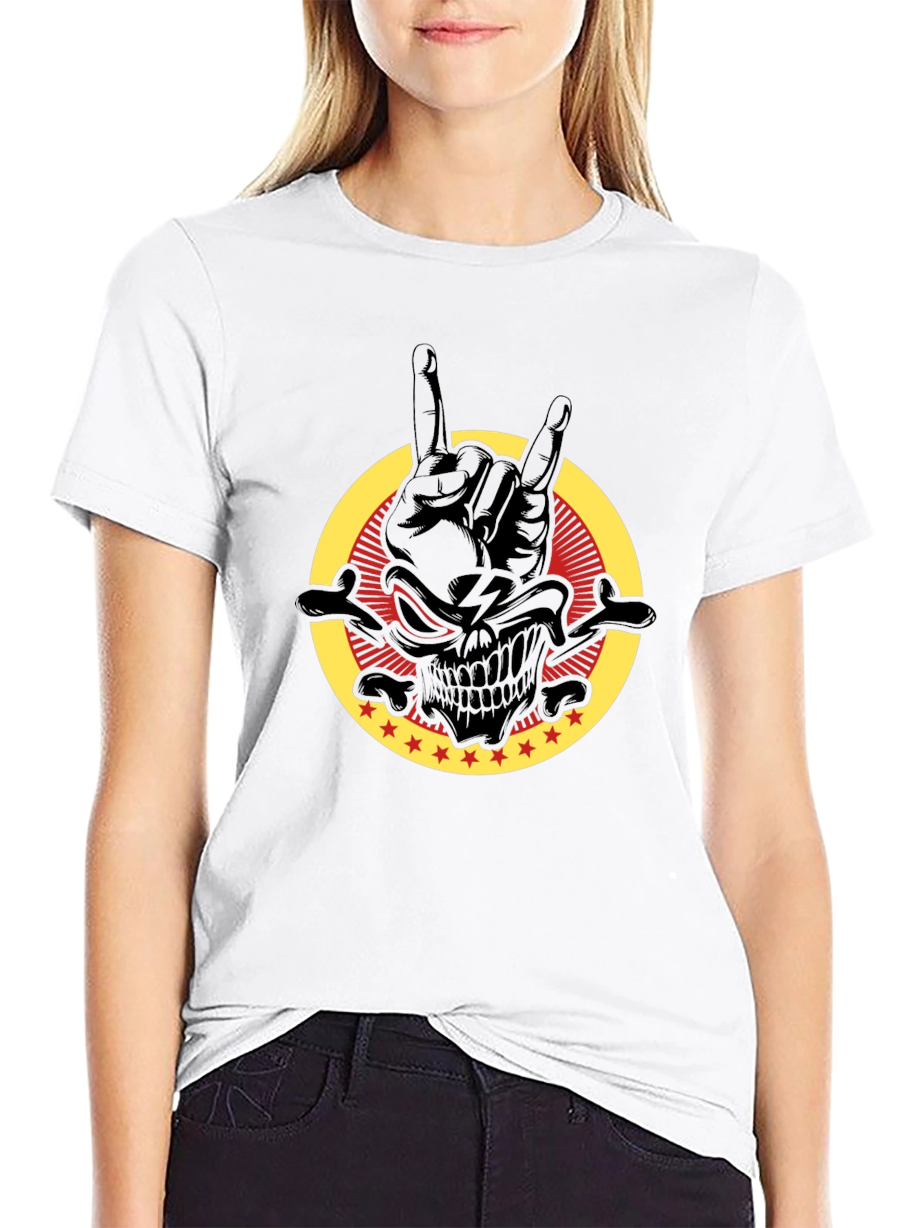Rock On Skull Graphic Tee - Black Cotton T-Shirt