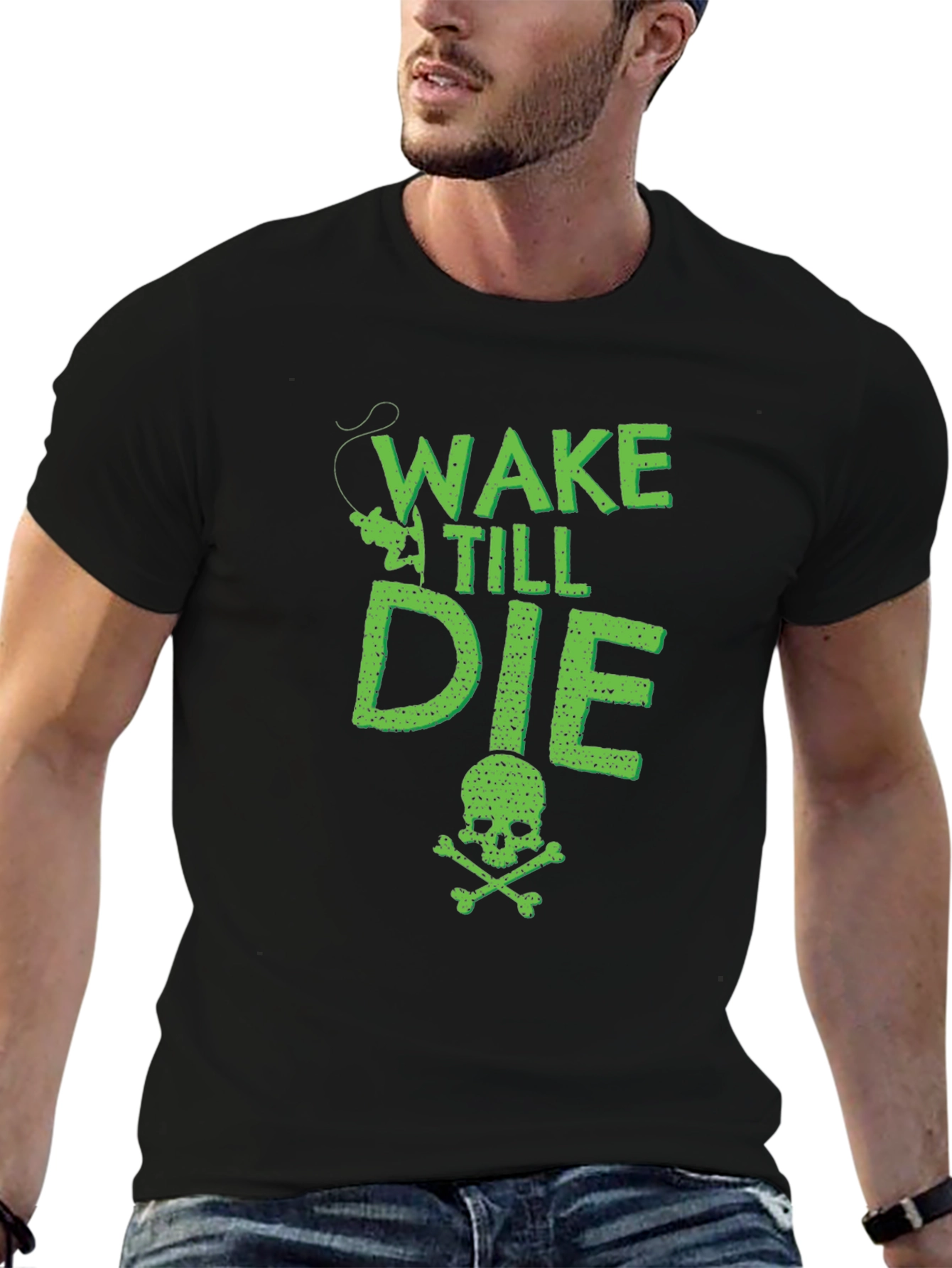 Wake Till Die Fishing T-Shirt - Skull & Crossbones