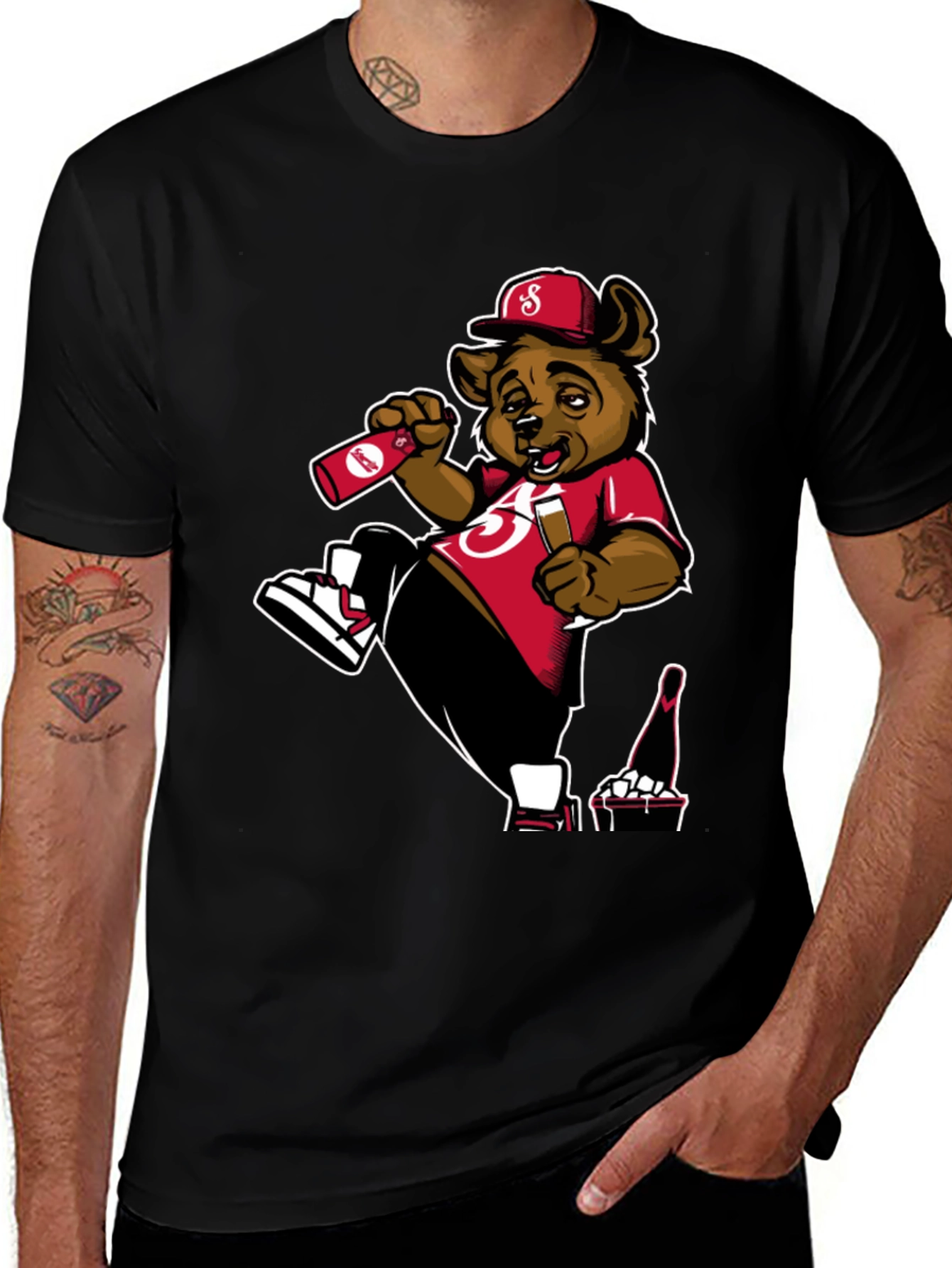 Bear Drinking Black T-Shirt