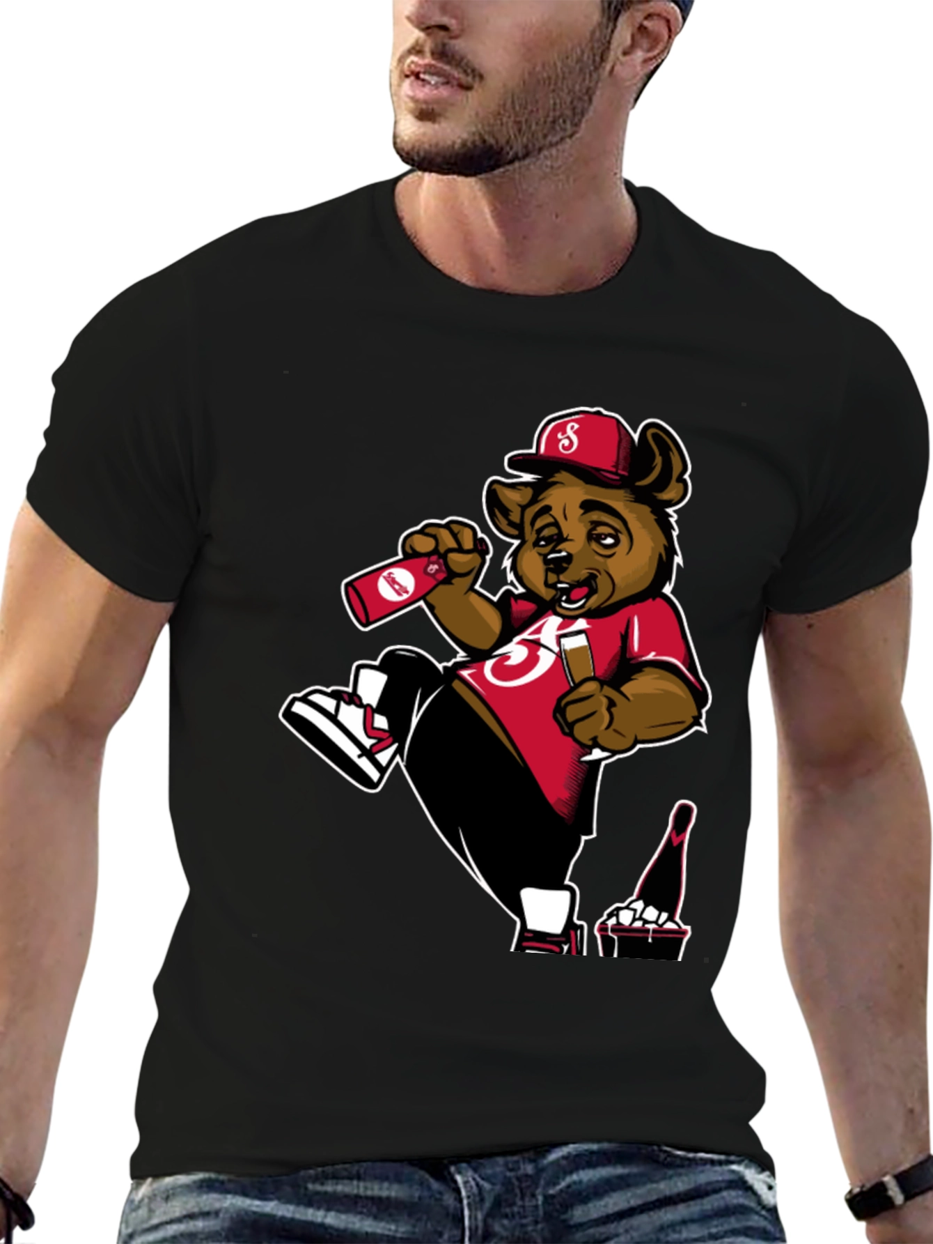 Bear Drinking Black T-Shirt
