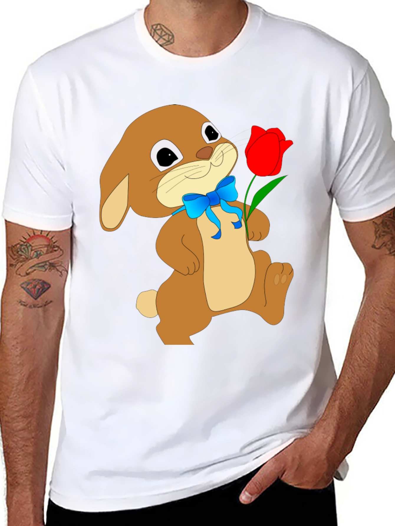 Bunny & Tulip Graphic Tee - Soft Black Cotton