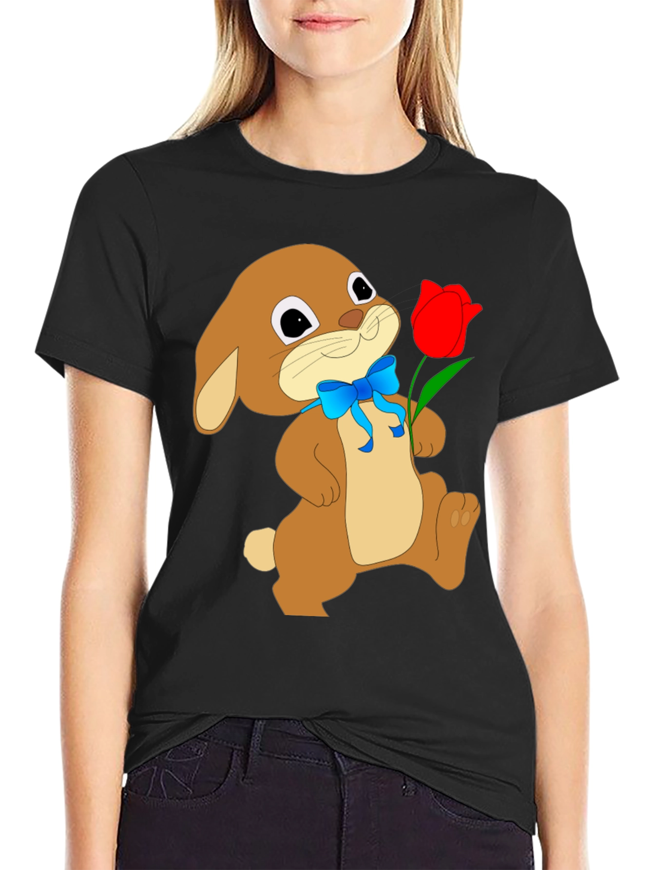 Bunny & Tulip Graphic Tee - Soft Black Cotton
