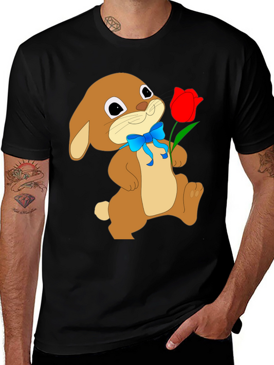 Bunny & Tulip Graphic Tee - Soft Black Cotton
