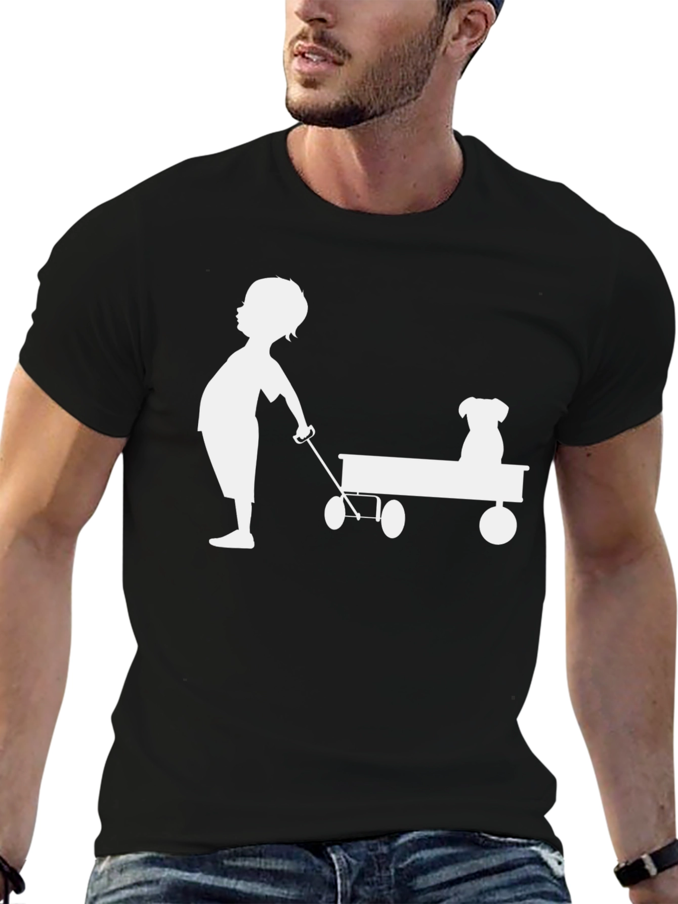 Boy and Dog Wagon Tee - Classic Black Cotton