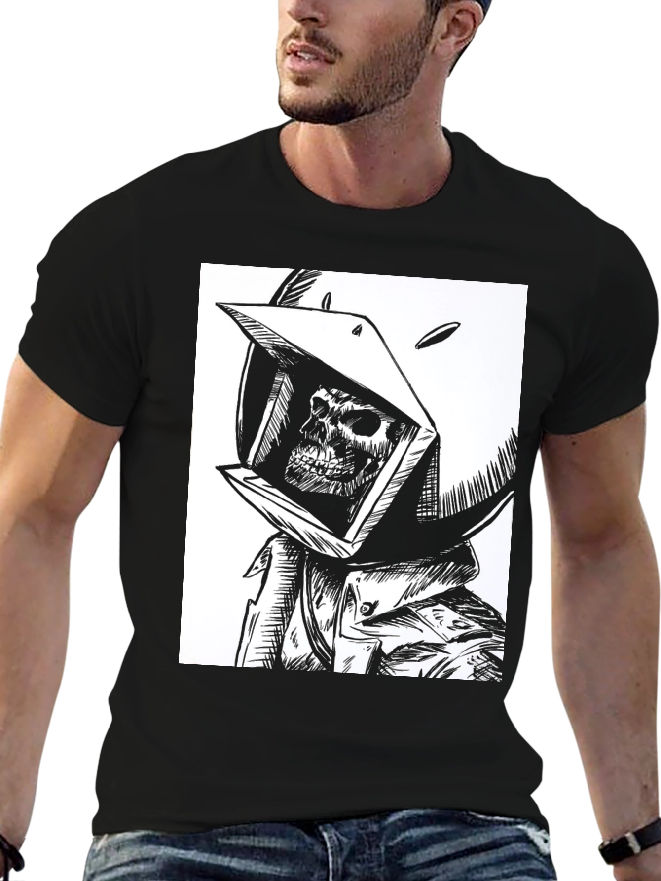 Skull in Helmet Graphic Tee - Mens Black T-Shirt