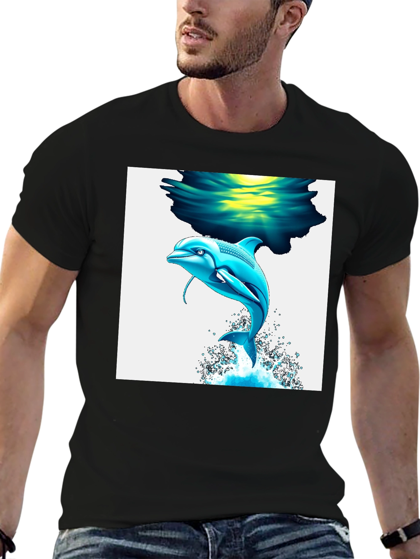 Dolphin Graphic Tee - Black Cotton Blend T-Shirt