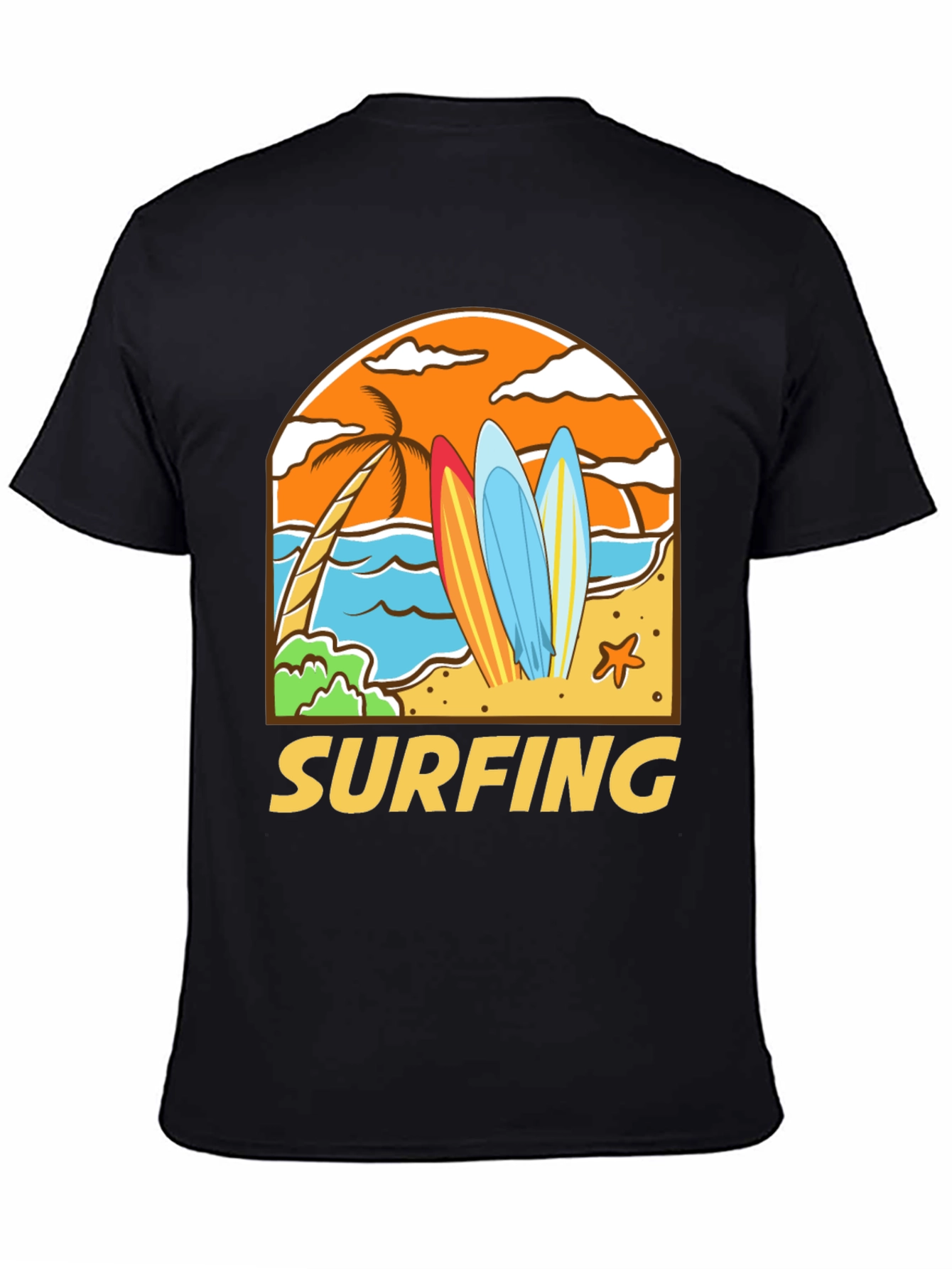 Surfing Beach T-Shirt - Black Cotton Tee