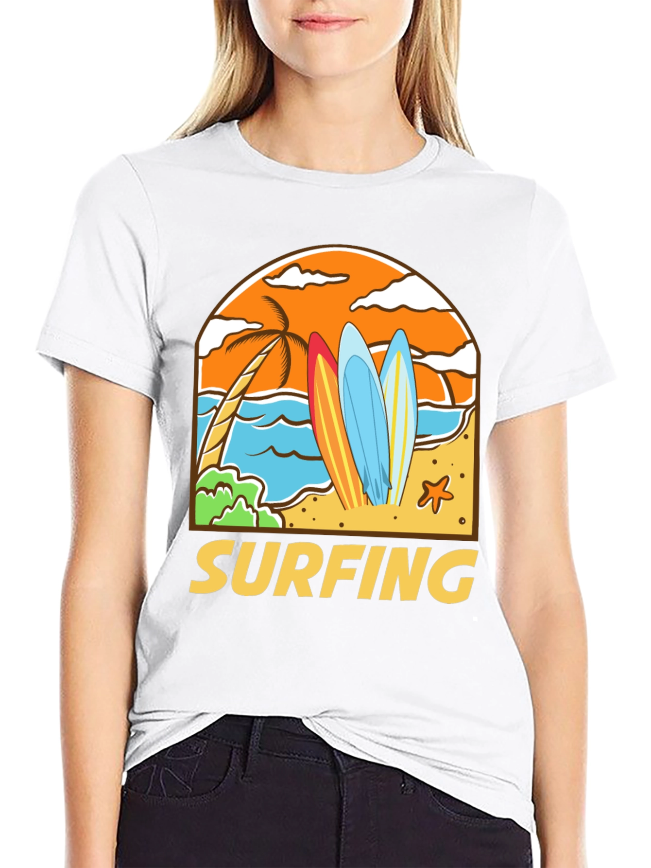 Surfing Beach T-Shirt - Black Cotton Tee