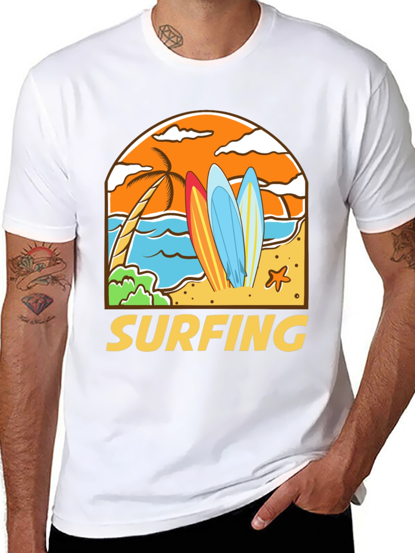 Surfing Beach T-Shirt - Black Cotton Tee