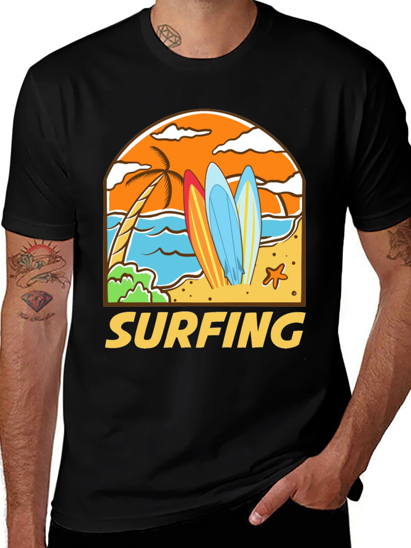 Surfing Beach T-Shirt - Black Cotton Tee