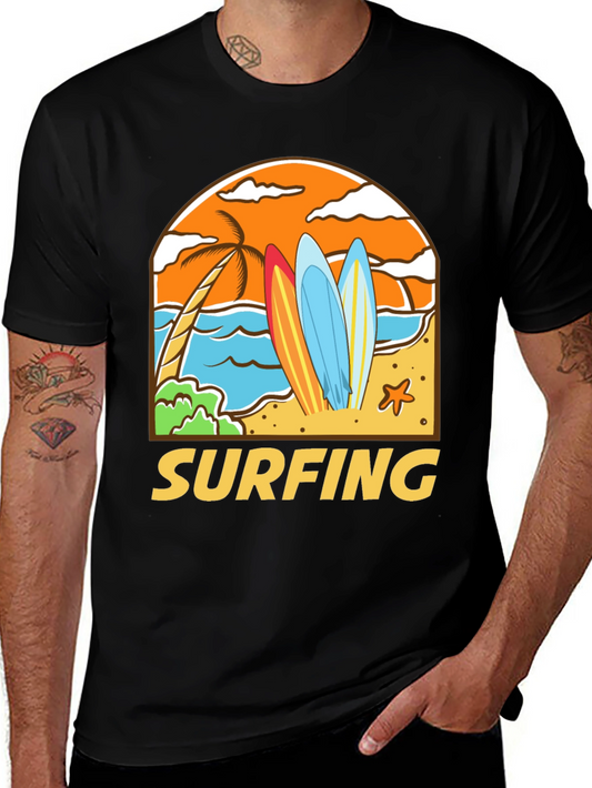 Surfing Beach T-Shirt - Black Cotton Tee