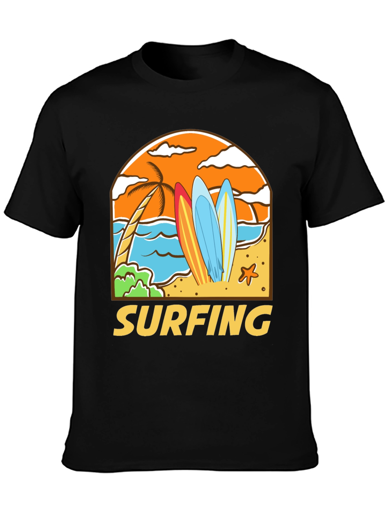 Surfing Beach T-Shirt - Black Cotton Tee