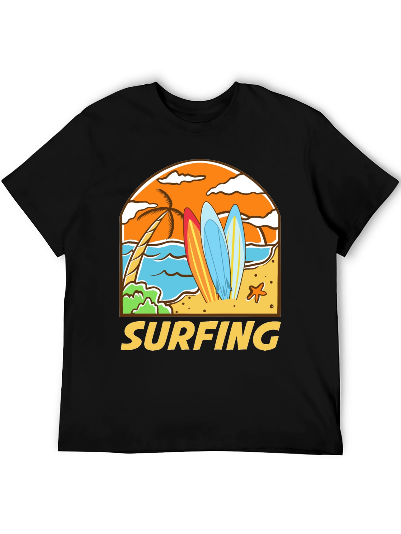 Surfing Beach T-Shirt - Black Cotton Tee