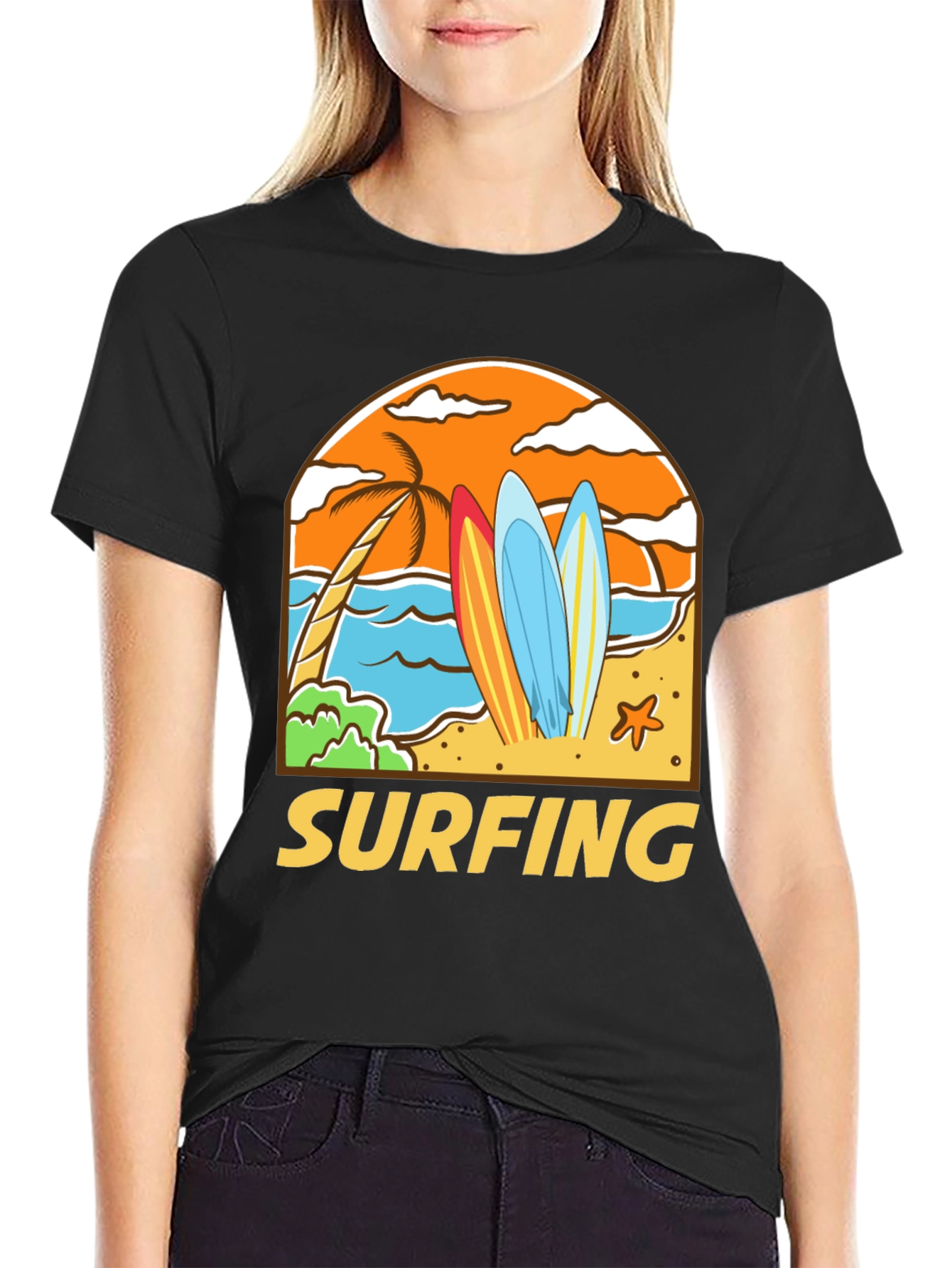 Surfing Beach T-Shirt - Black Cotton Tee