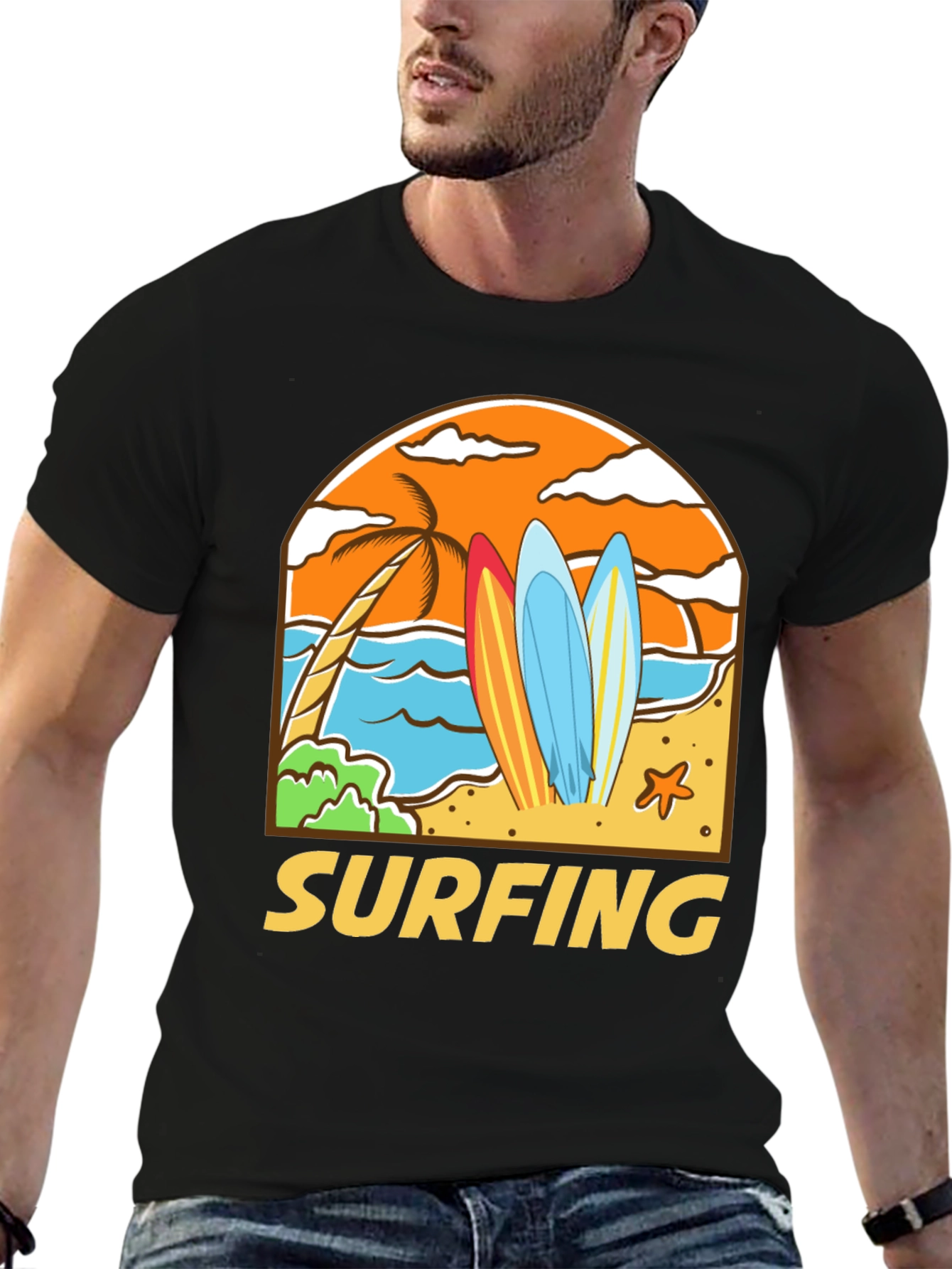 Surfing Beach T-Shirt - Black Cotton Tee