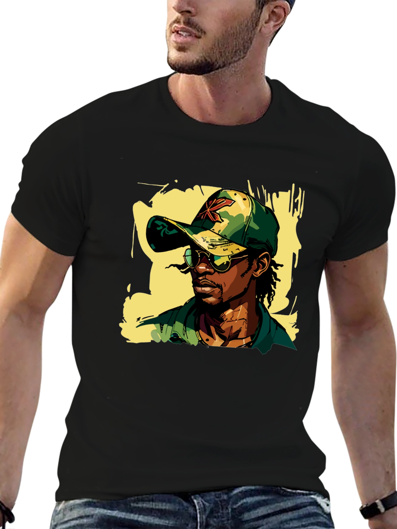 Cool Camo Cap Graphic Black T-Shirt