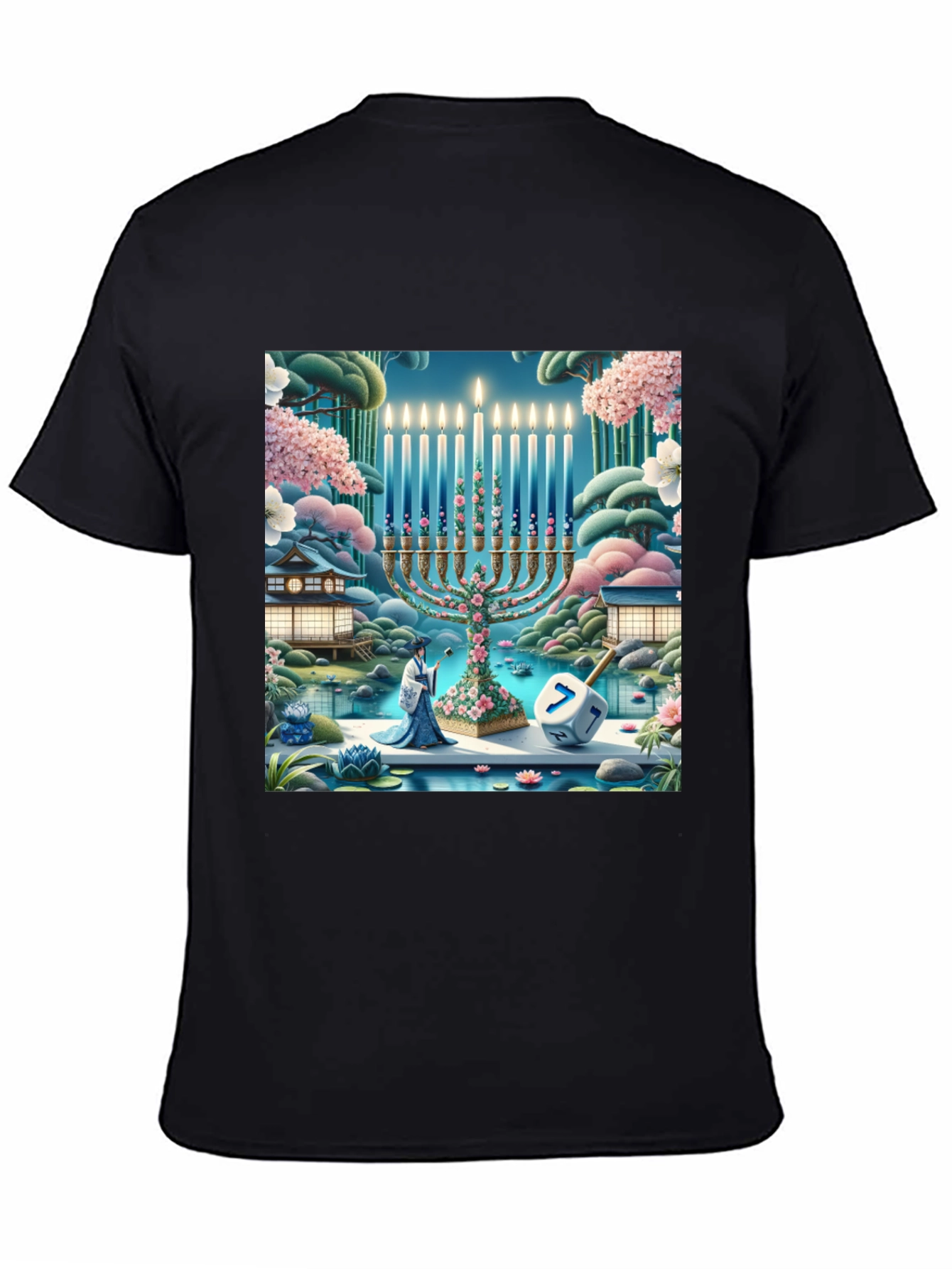 Hanukkah Menorah T-Shirt - Japanese Garden Dreidel Design