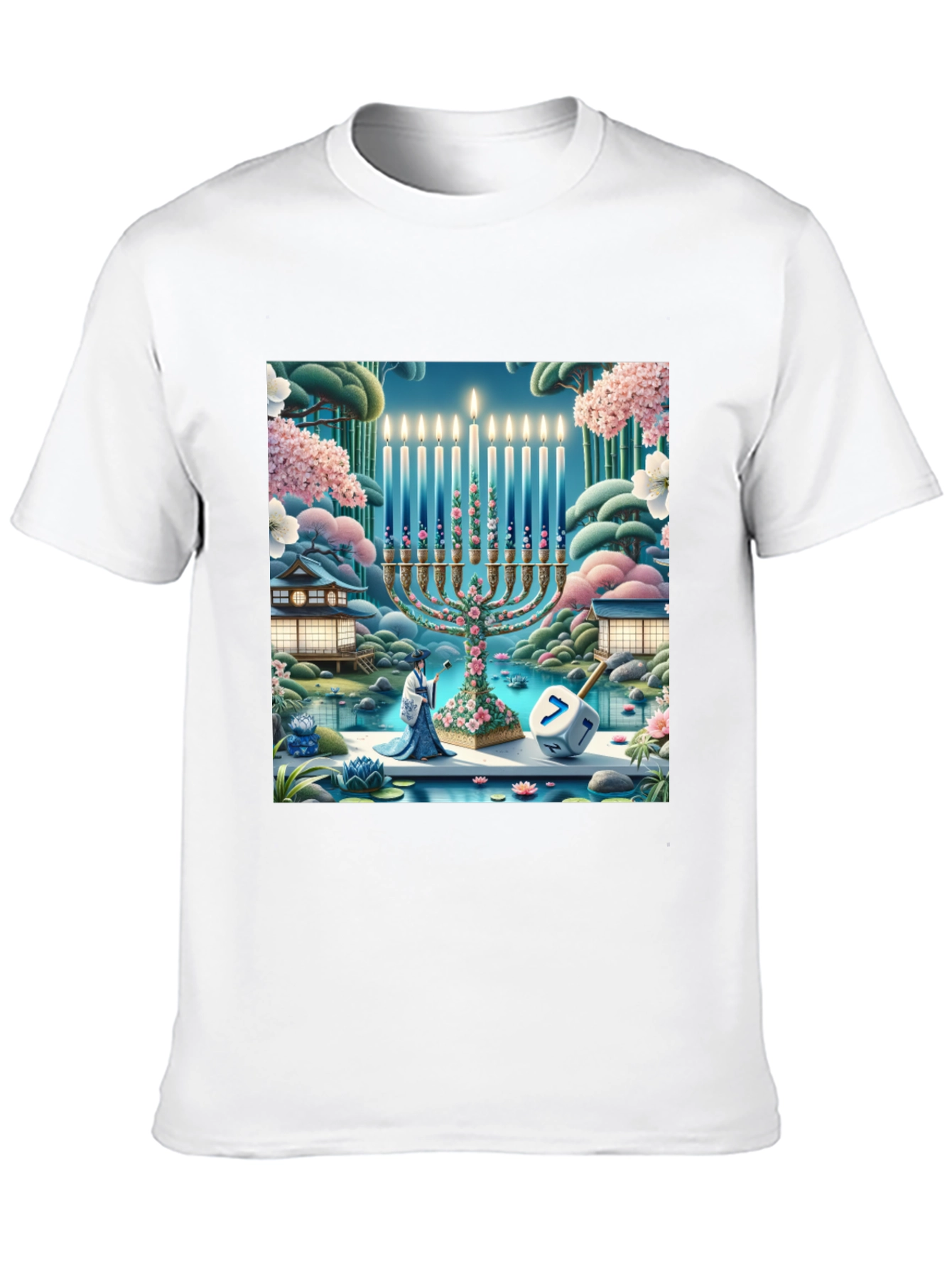 Hanukkah Menorah T-Shirt - Japanese Garden Dreidel Design