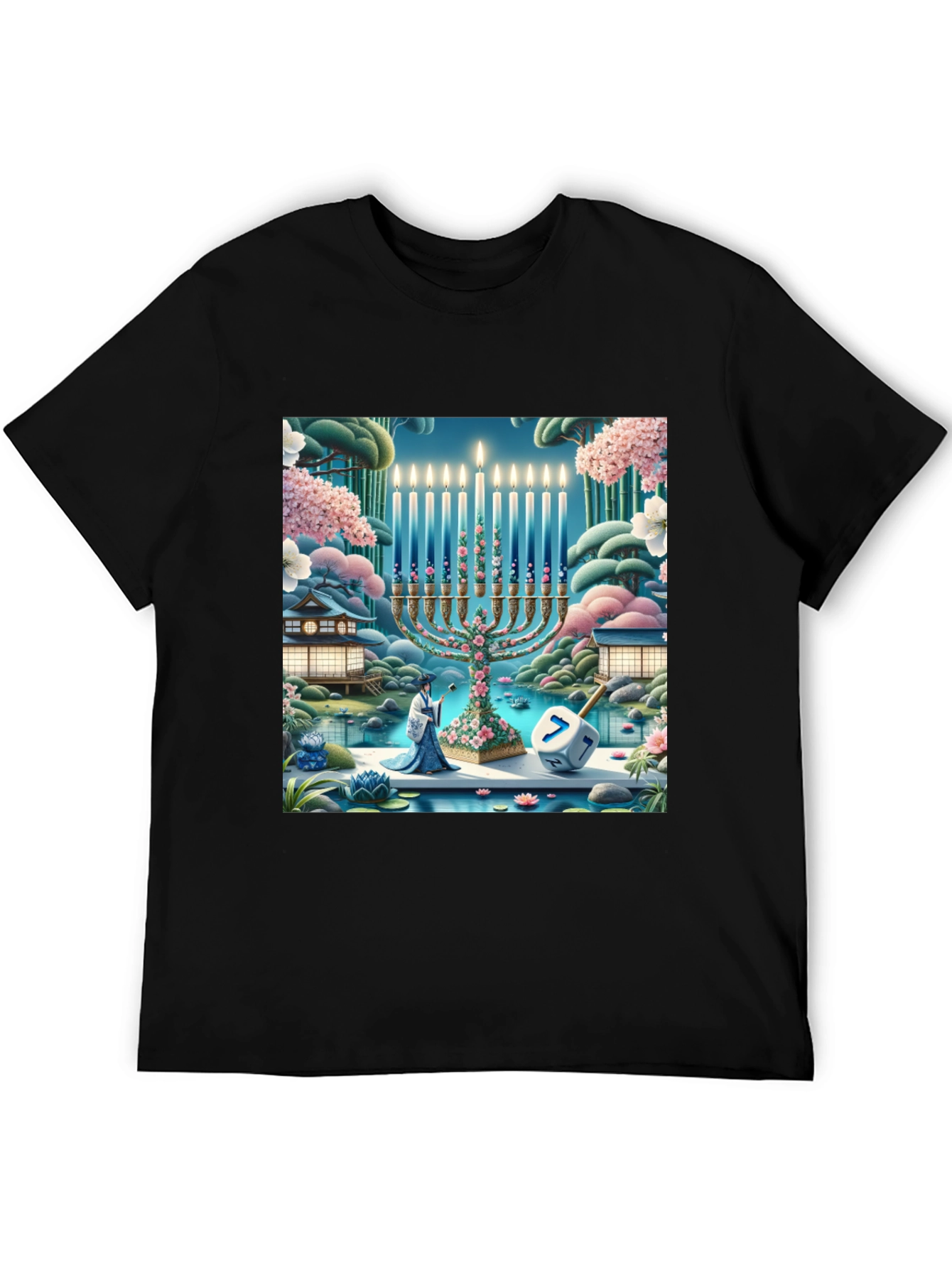 Hanukkah Menorah T-Shirt - Japanese Garden Dreidel Design