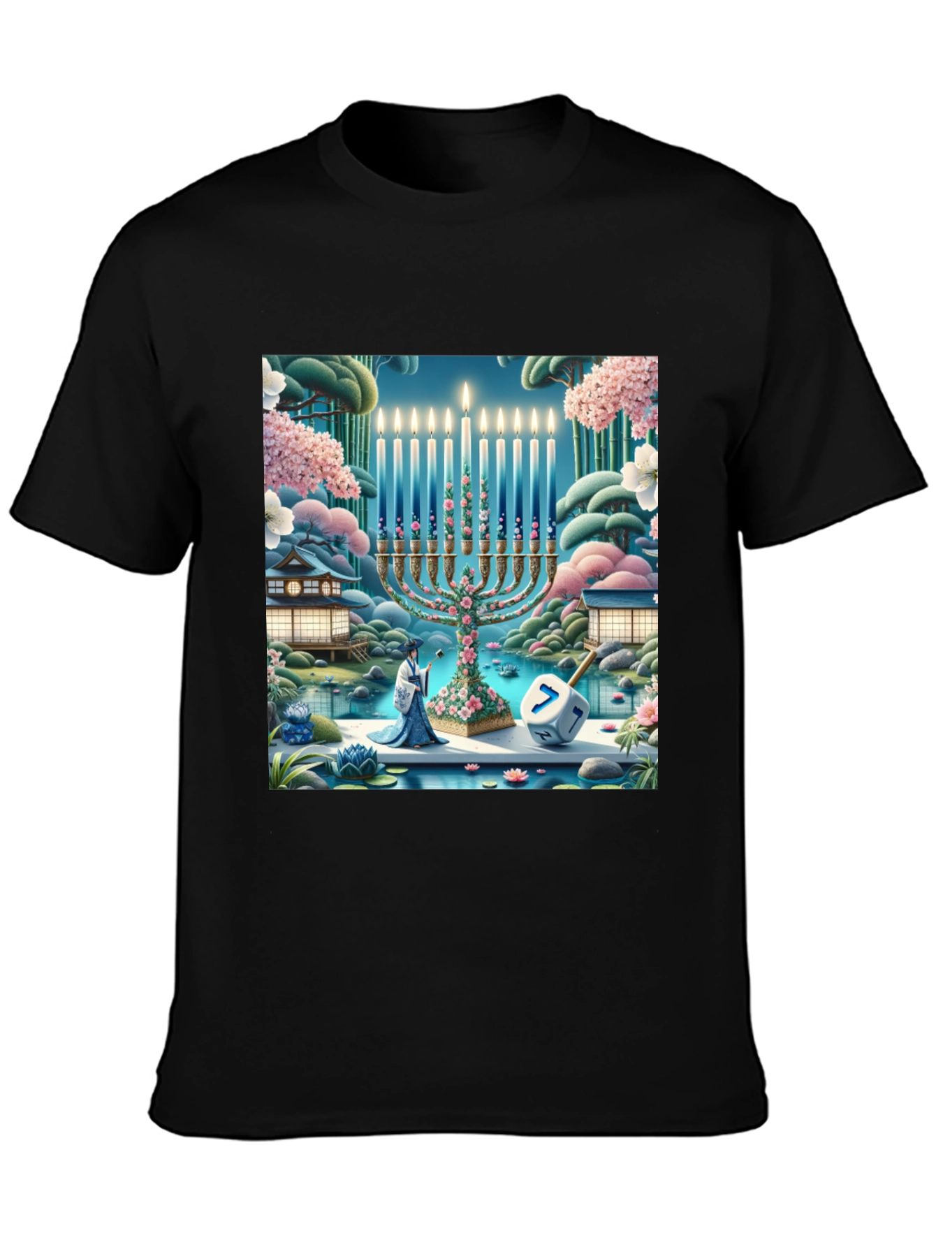 Hanukkah Menorah T-Shirt - Japanese Garden Dreidel Design