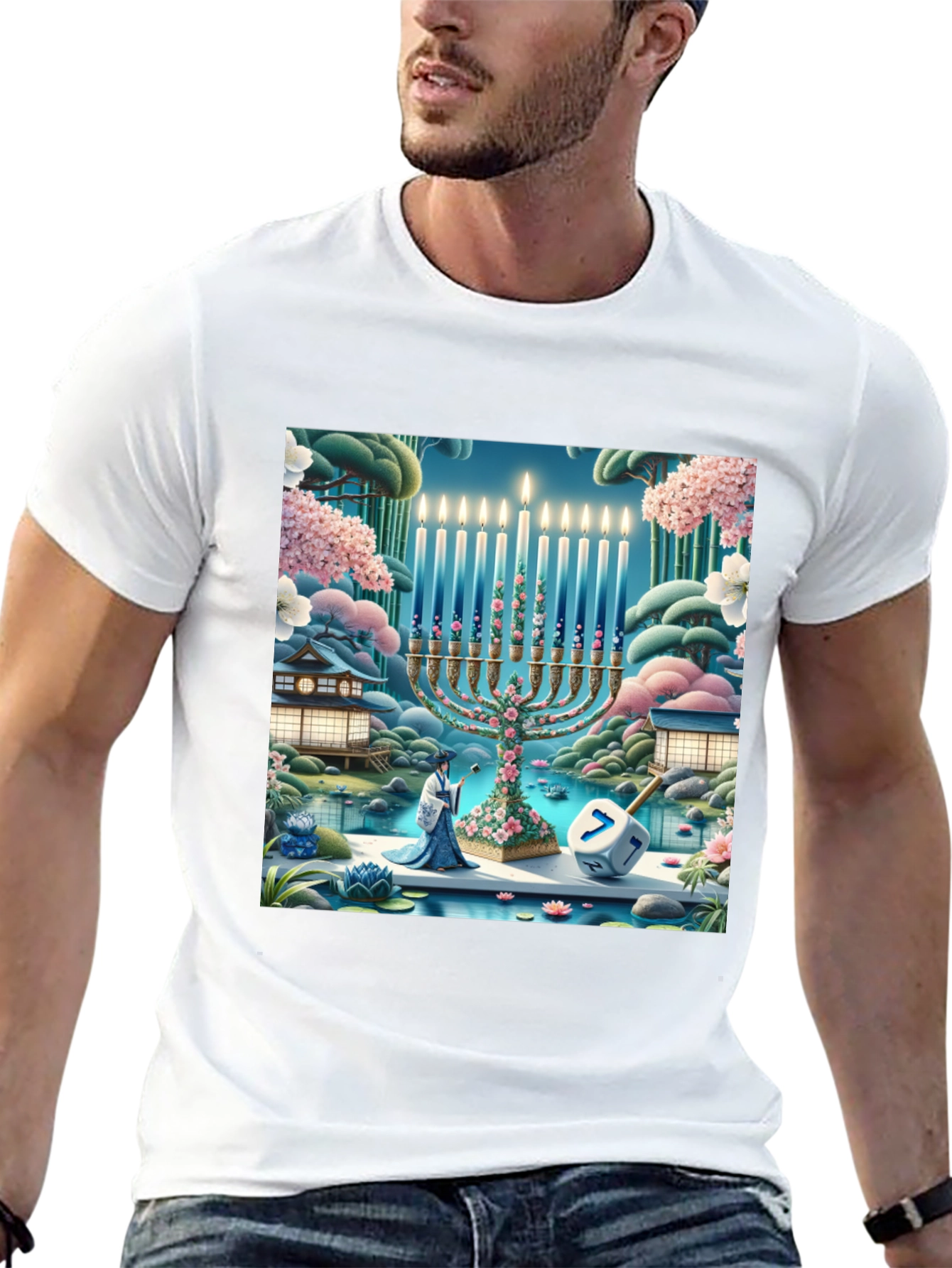 Hanukkah Menorah T-Shirt - Japanese Garden Dreidel Design