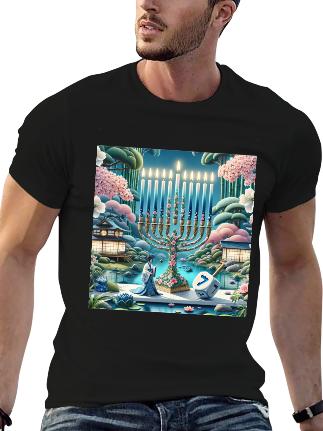 Hanukkah Menorah T-Shirt - Japanese Garden Dreidel Design