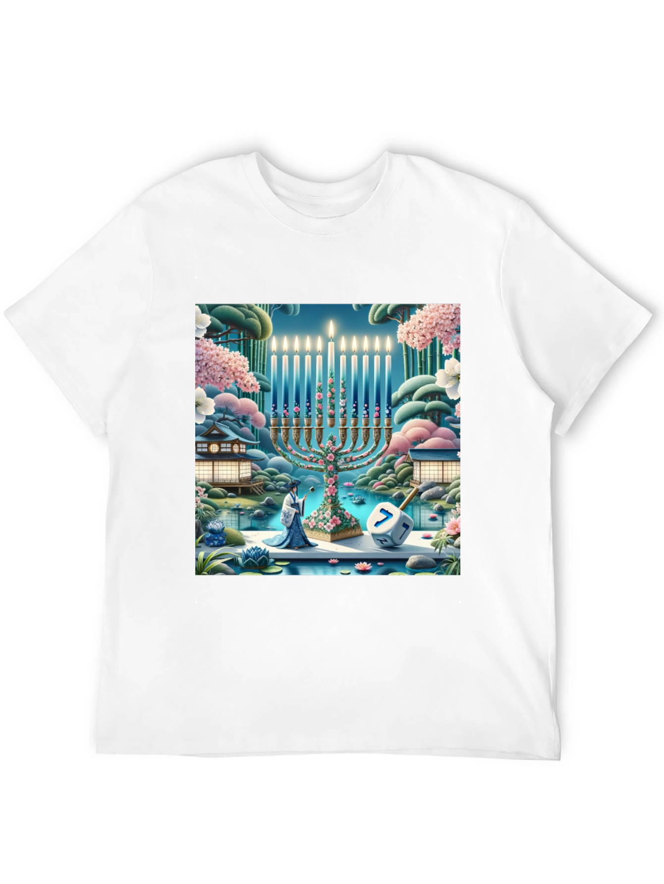 Hanukkah Menorah T-Shirt - Japanese Garden Dreidel Design