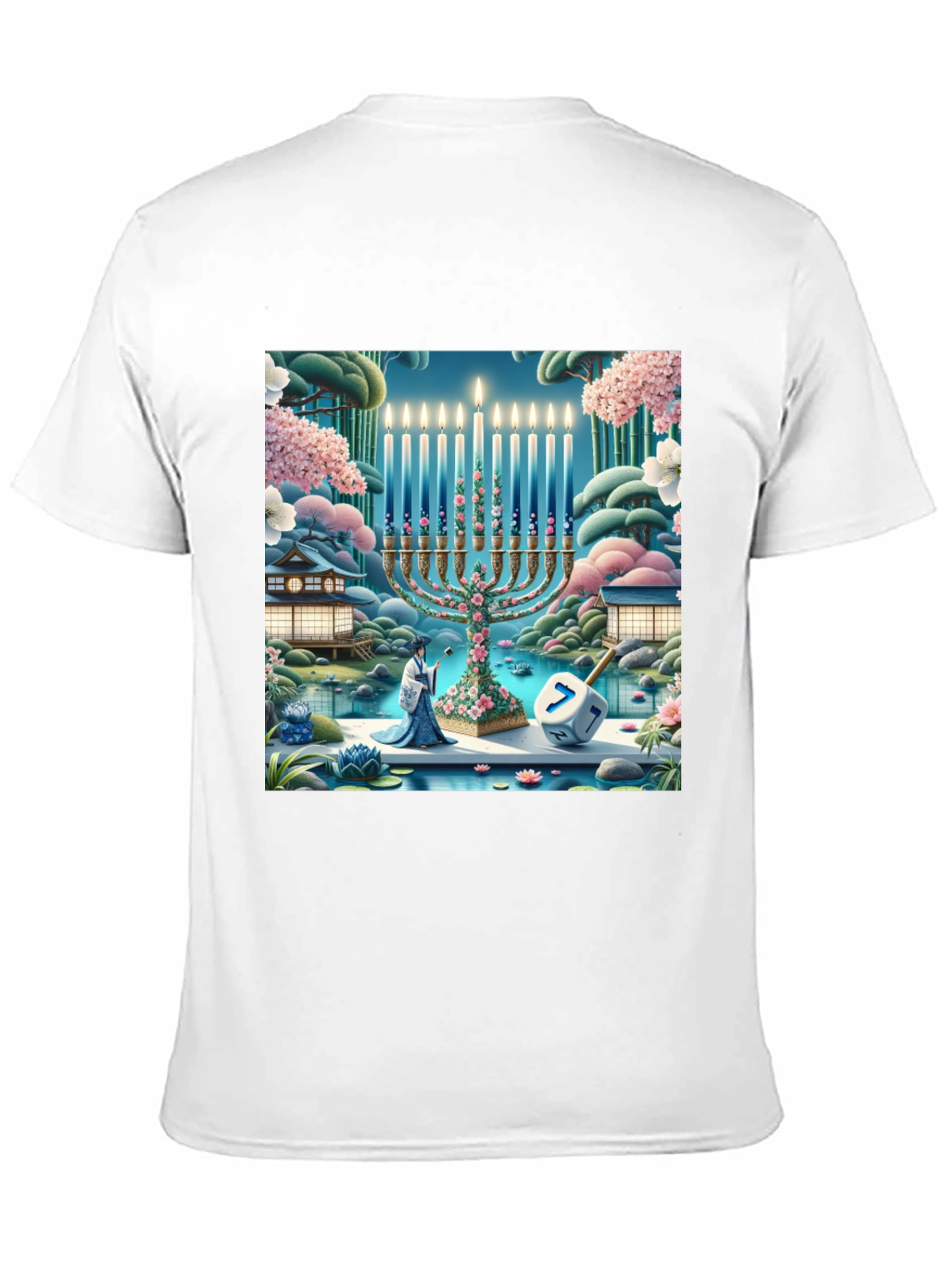 Hanukkah Menorah T-Shirt - Japanese Garden Dreidel Design