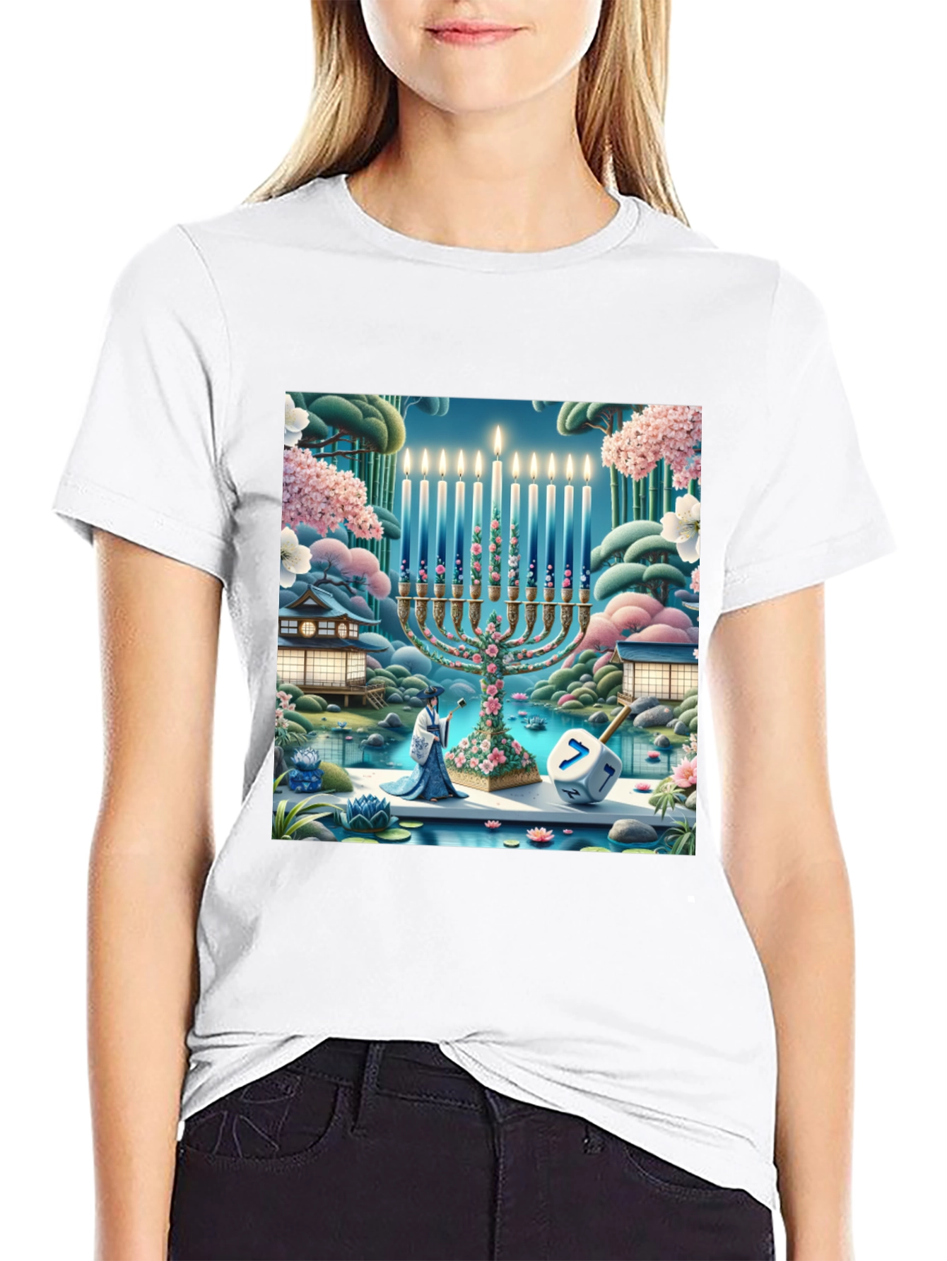 Hanukkah Menorah T-Shirt - Japanese Garden Dreidel Design