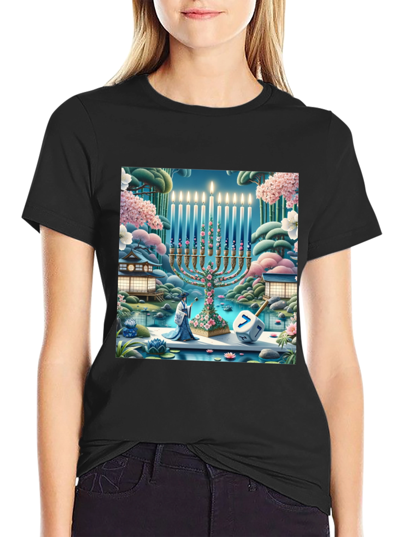 Hanukkah Menorah T-Shirt - Japanese Garden Dreidel Design
