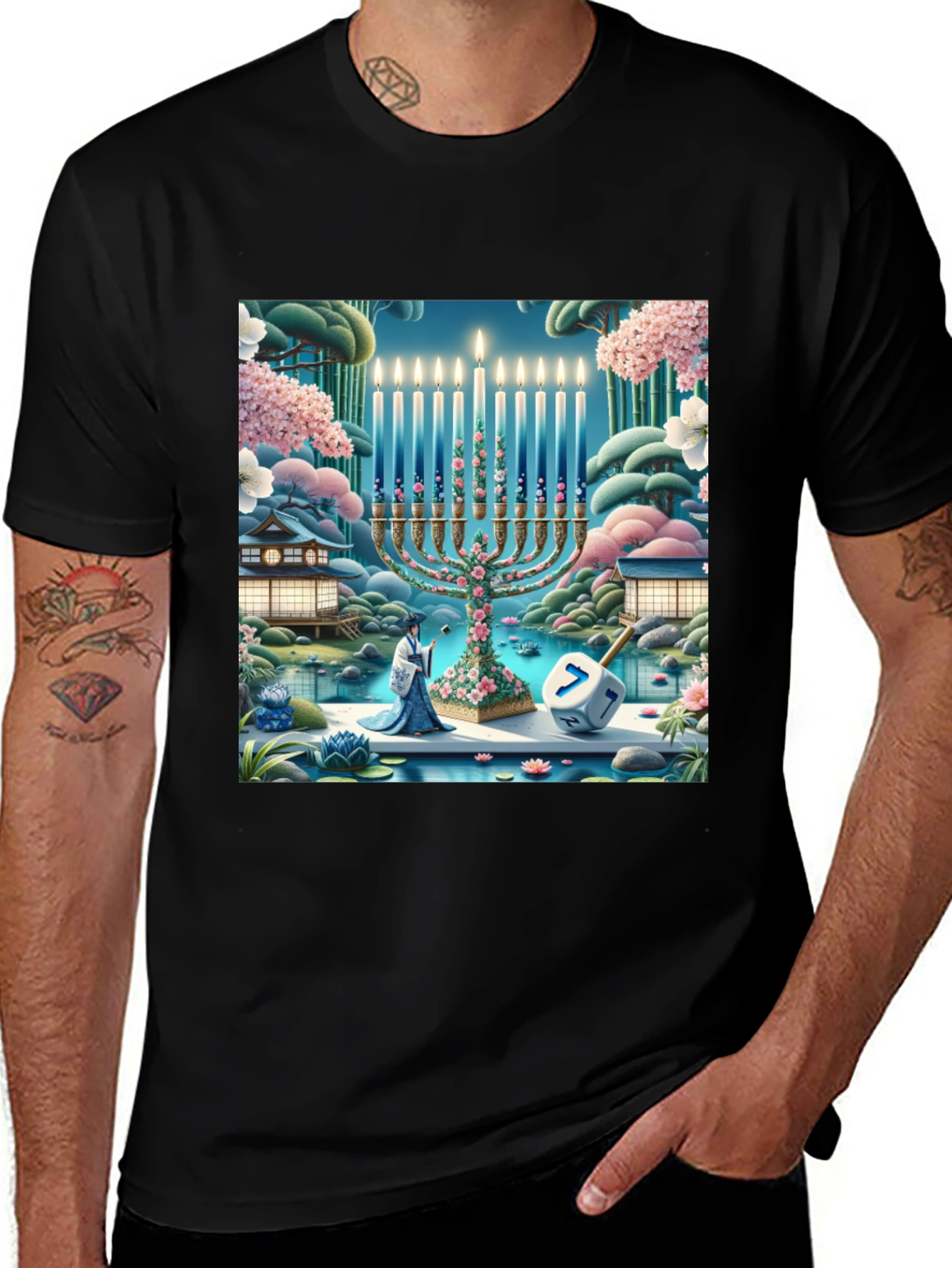 Hanukkah Menorah T-Shirt - Japanese Garden Dreidel Design