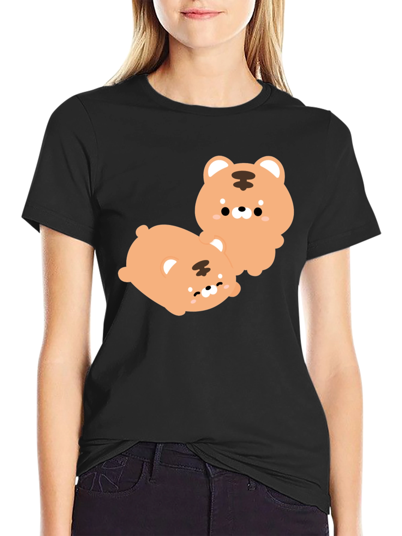 Cute Tiger Cub Graphic Print Black T-Shirt