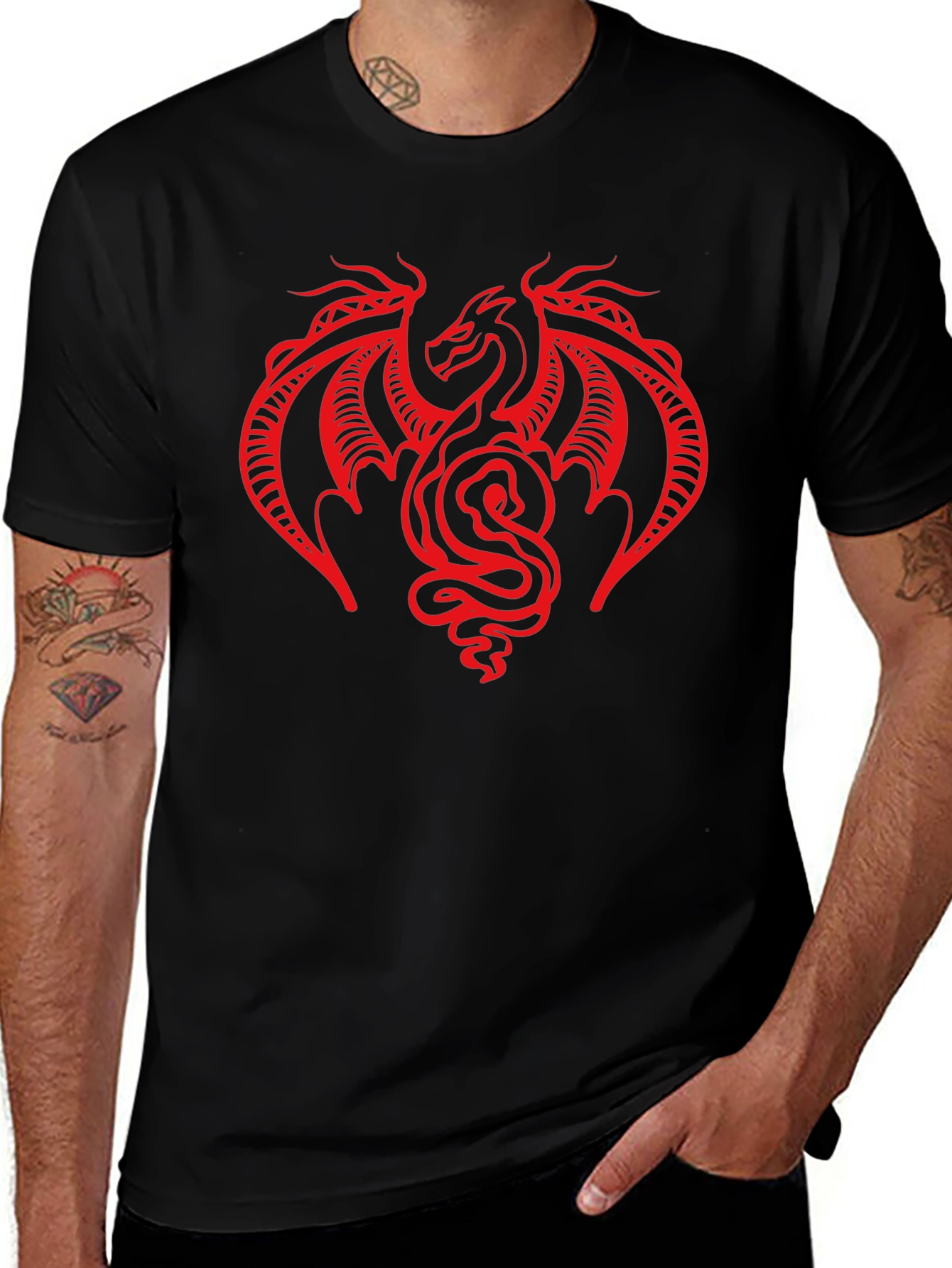 Black T-Shirt with Red Dragon Graphic