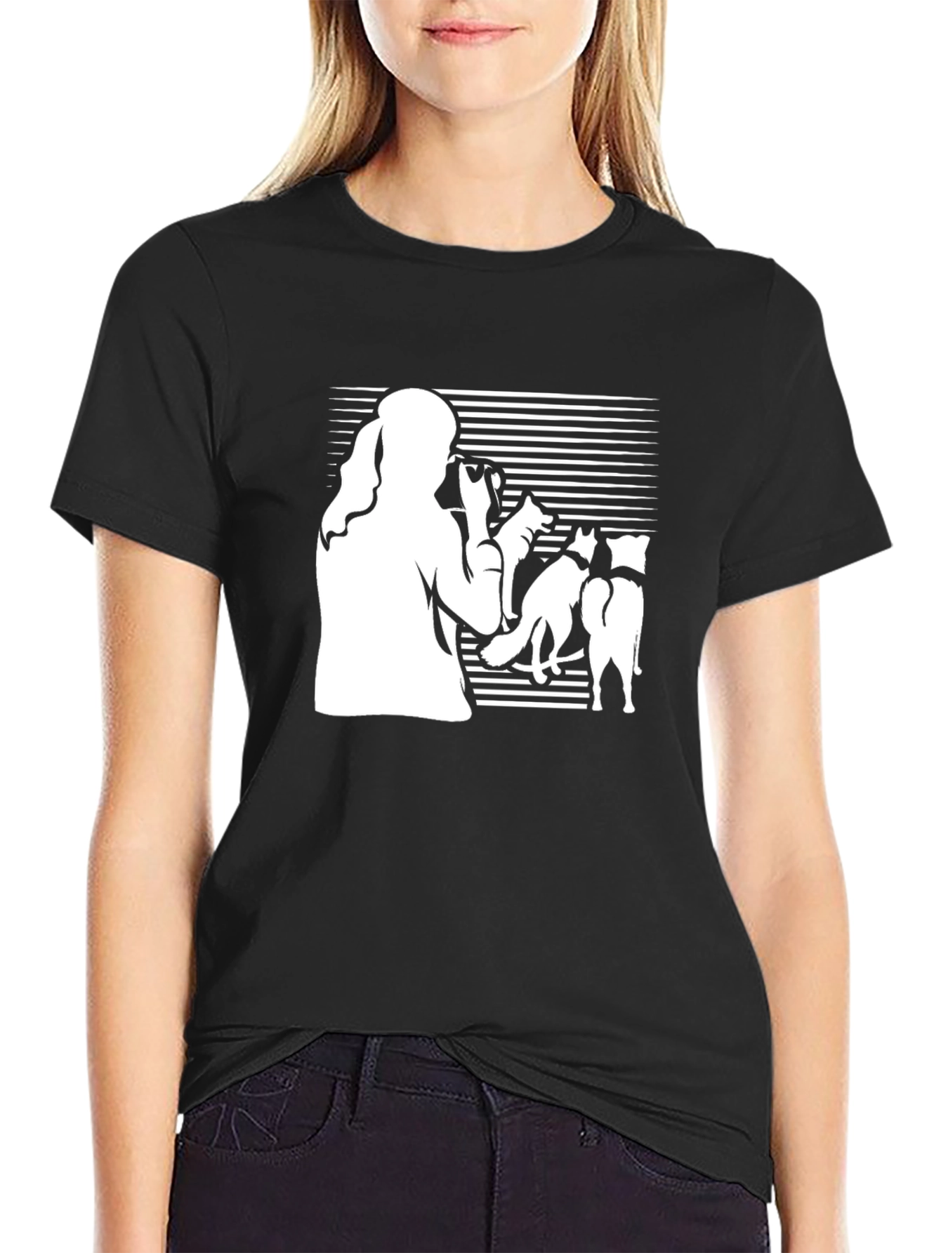 Silhouette Woman & Dogs Black T-Shirt