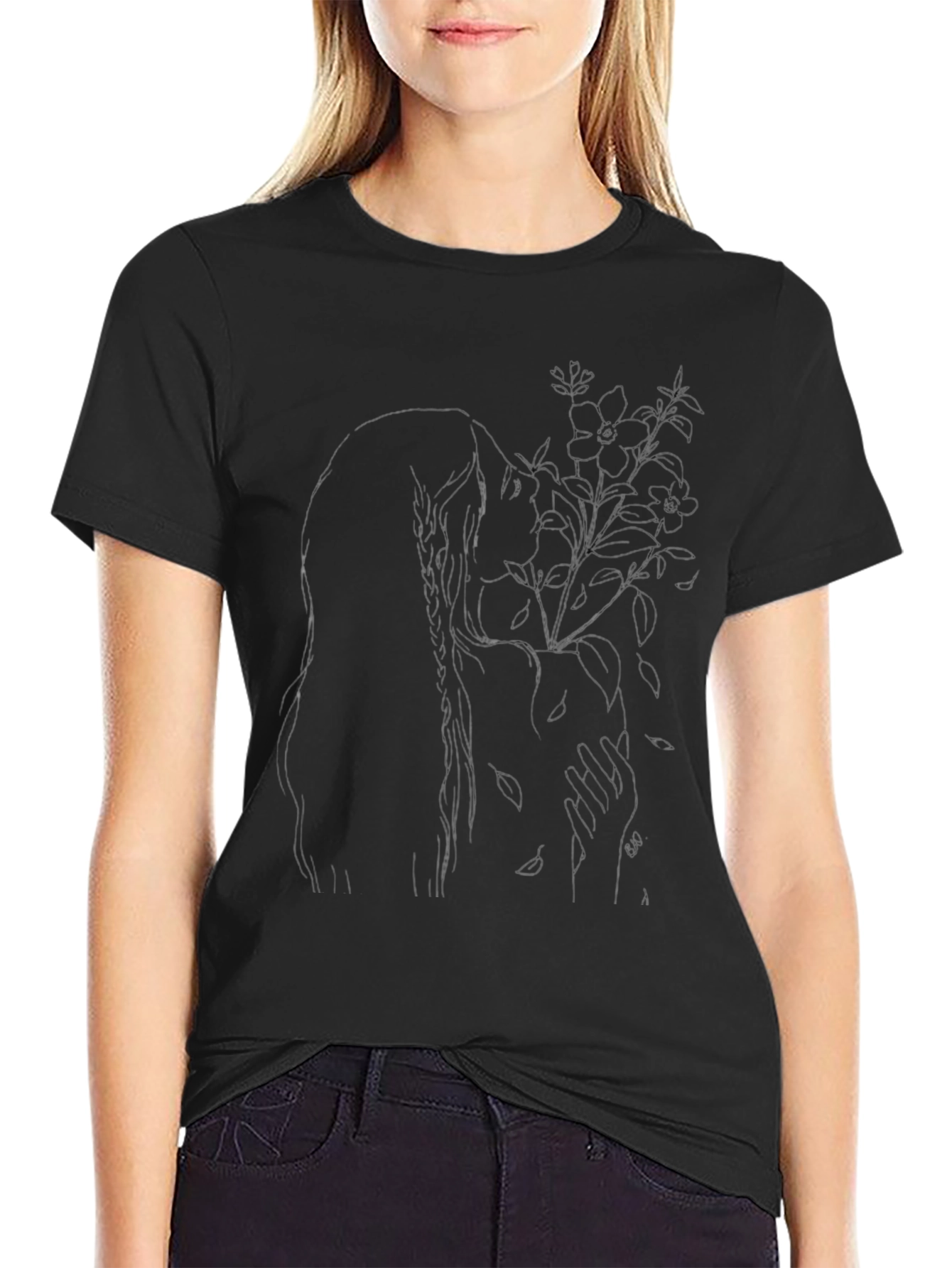 Artistic Floral Silhouette Black T-Shirt