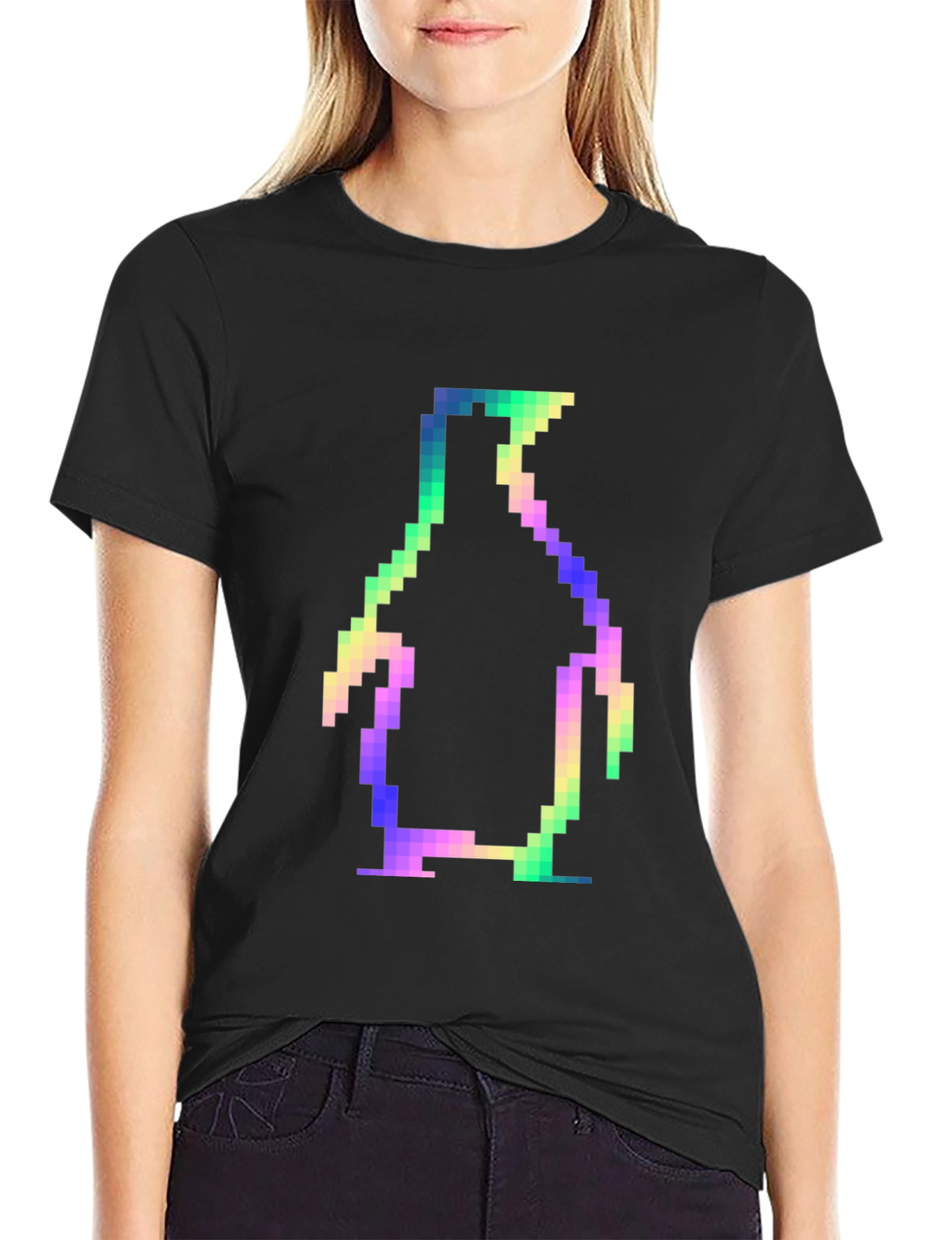 Retro Pixel Penguin Black T-Shirt