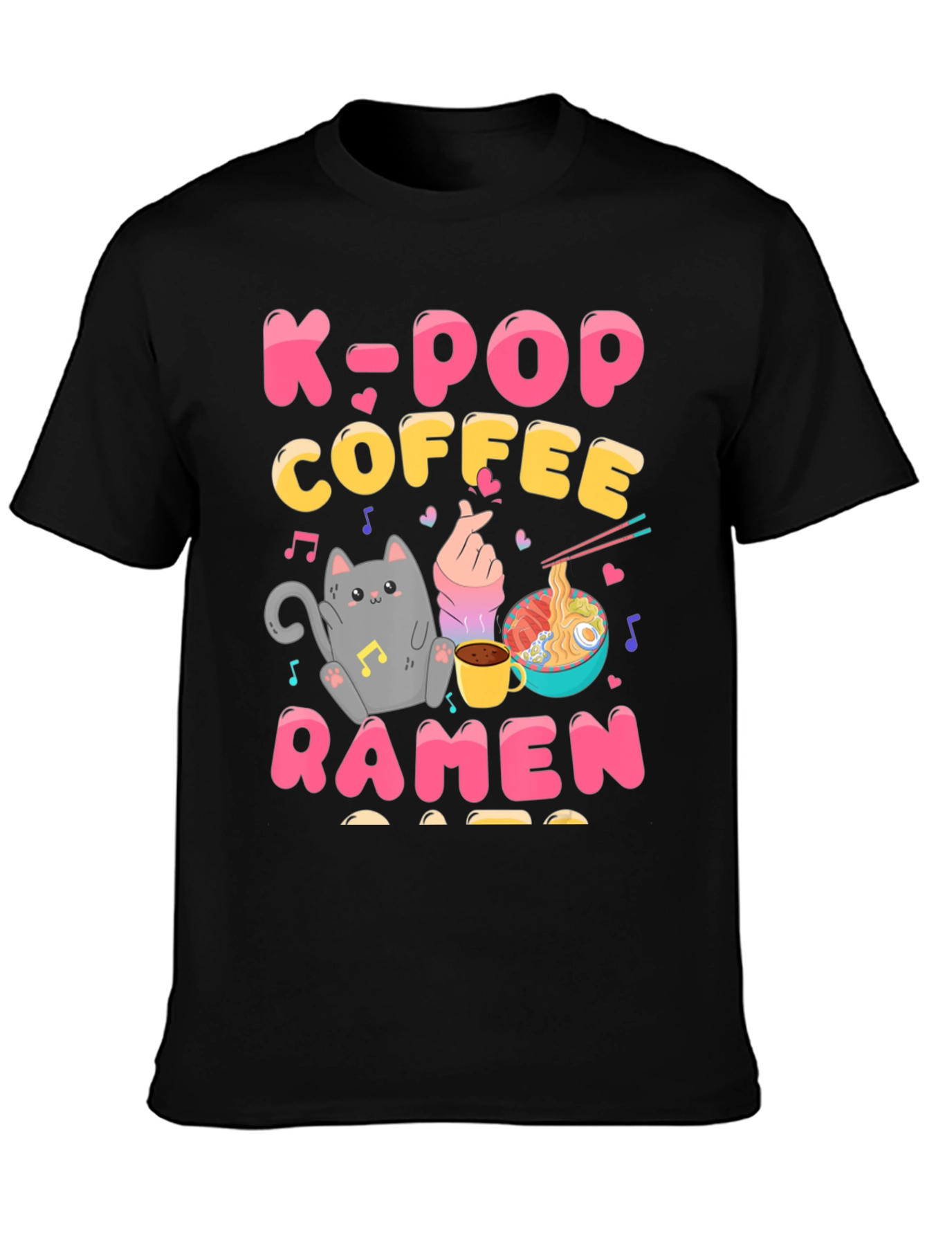 K-POP Coffee Ramen Graphic Tee - Cute Cat